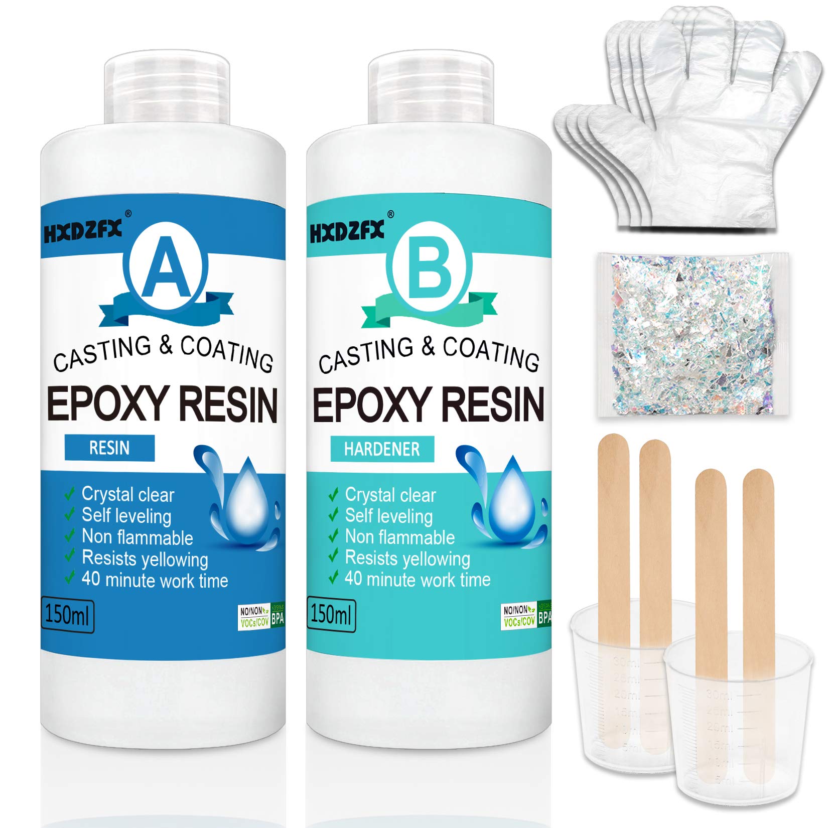 Epoxy Resin Clear Crystal Coating Kit 300ml/11.5oz - 2 Part Casting Resin for Art, Craft, Jewelry Making, River Tables, with Resin Glitter, Gloves, Measuring Cup and Wooden Sticks