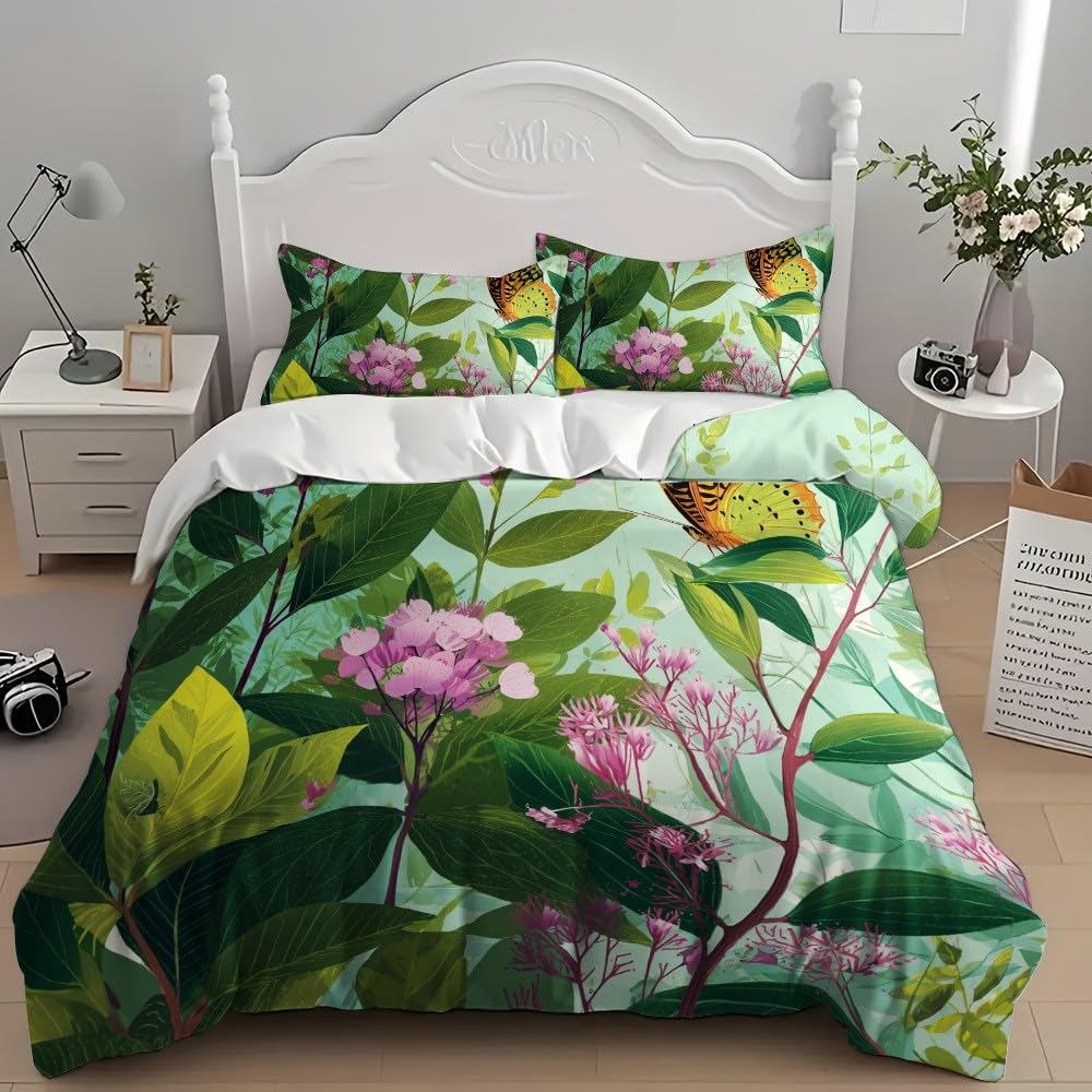 3-częściowy komplet pościeli 200 x 200 cm, z mikrofibry, rośliny, motyle, poszewka na poduszkę z zamkiem błyskawicznym, 80 x 80 cm, zielona, oddychająca, nie wymaga prasowania i miękka poszwa na