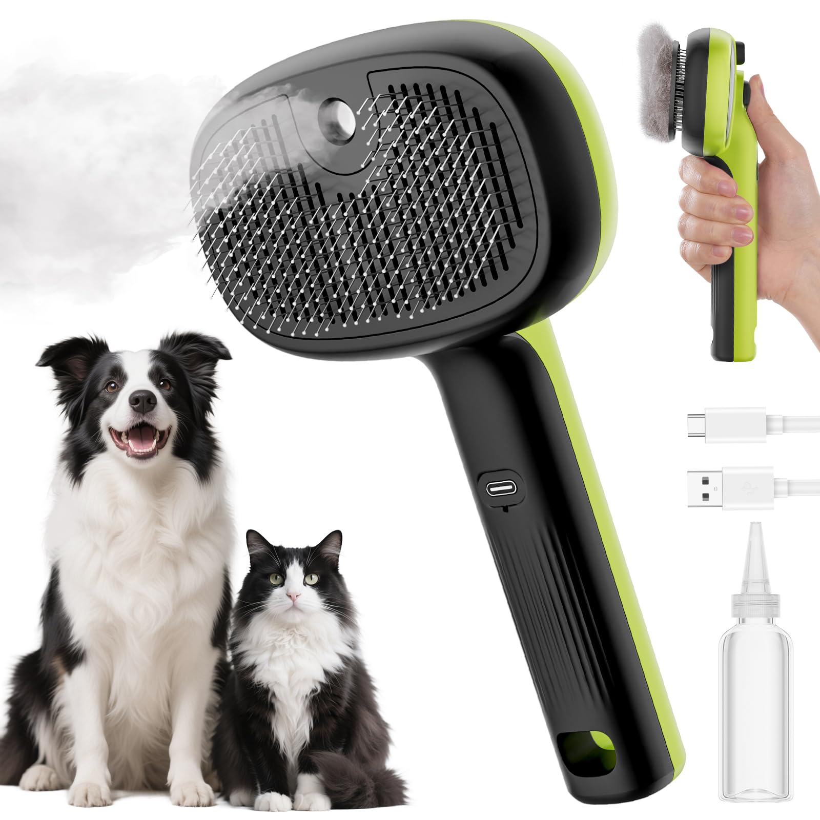 pecute Spazzola a Vapore per Gatti, Spazzola a Vapore per Cani, Funzione Nebbia Densa e Nebbia Fine, Non Riscalda, Epilazione con un Clic, Peli Lunghi e Corti, Serbatoio dell'acqua Visibile, Verde
