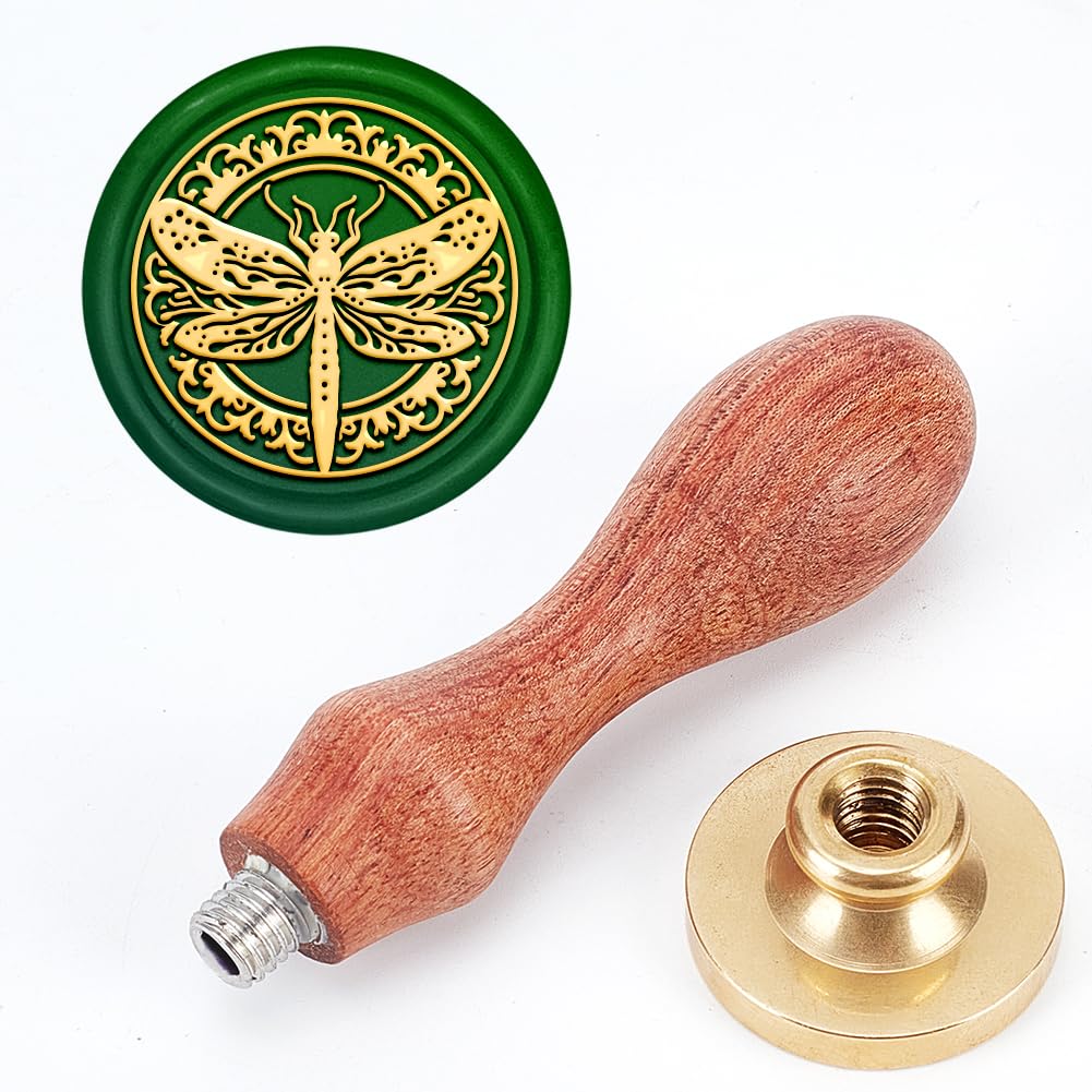 MAYJOYDIY Dragonfly Floral Wax Seal Stamp 25mm Brass Heads Wood Handle | 3.5In Polished Wooden Grip, Deep Engraved Crisp Imprint, Threaded Detachable Die Design, Decorating Invite Wine Parcels Notes