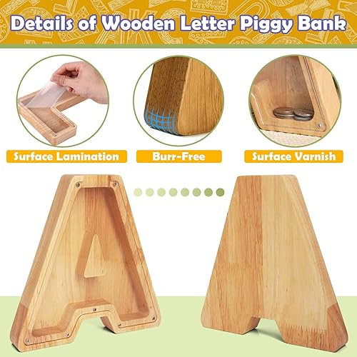 Miniatura 5 de Alcancía de Letras de Madera, Alcancía para Niños y Niñas Pequeños, Grande, 26 Letras del Alfabeto, Alcancía de Dinero Personalizada con Nombre