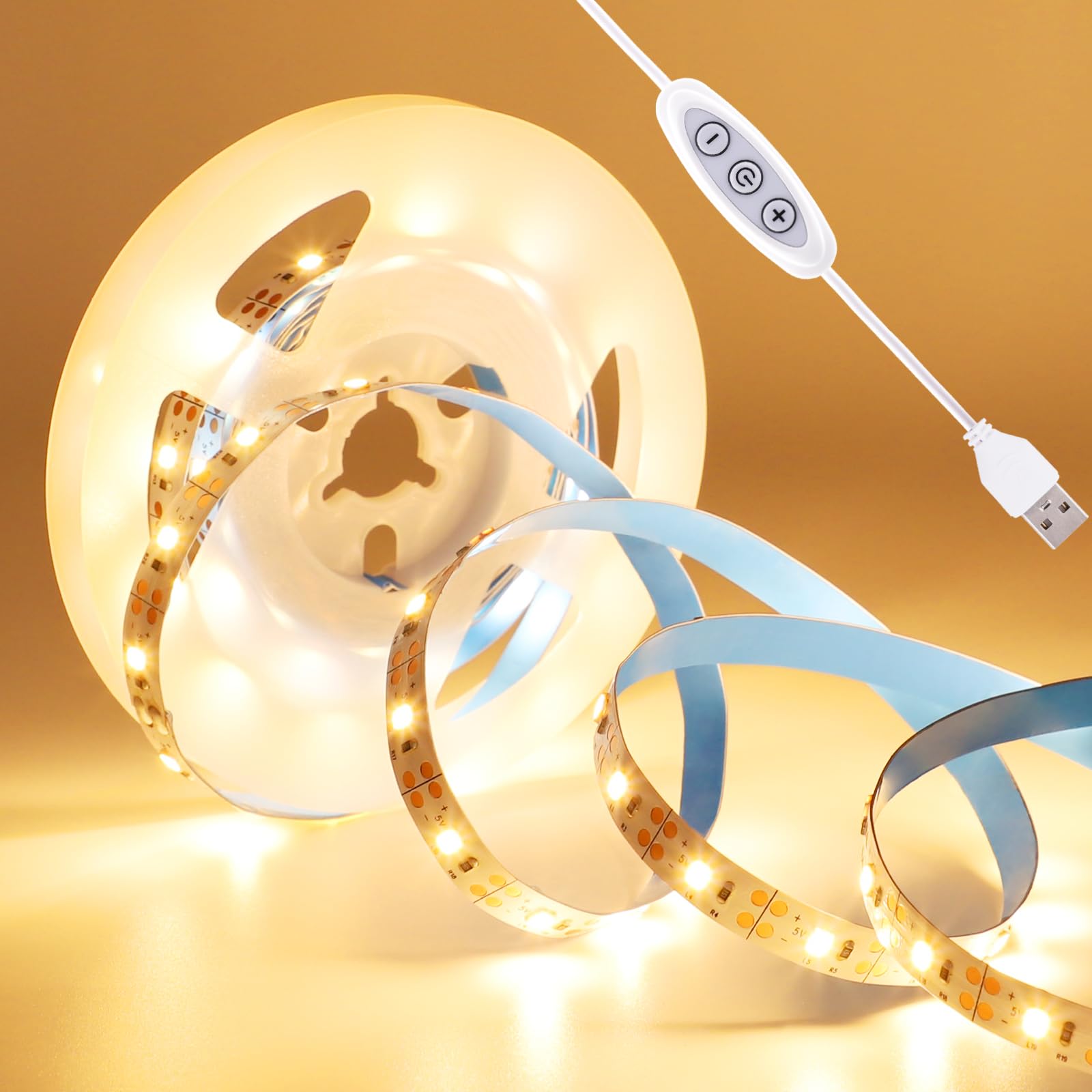 Liyade USB LED Streifen 3M, 5V Warmweiß 2700K Dimmbar LED Strip mit Memory Funktion, Flexibles LED Band mit Selbstklebend für TV Hintergrundbeleuchtung, Schlafzimmer, Heimdekoration DIY Beleuchtung