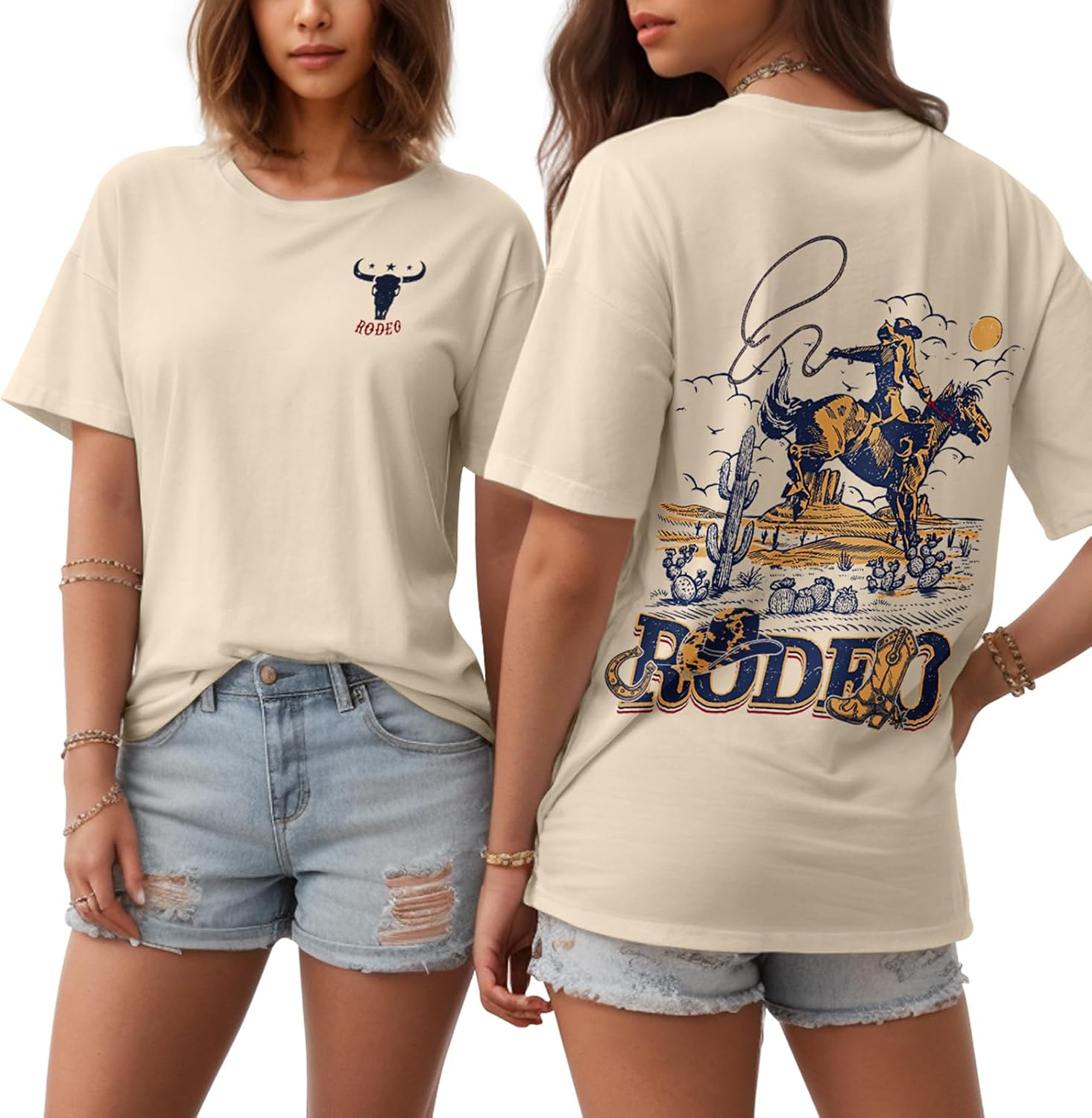 Flafens T Shirts for Women Graphic Tees - Womens T-Shirts Cotton Cute Fit Tshirts Teens Girls Medium Cowboy