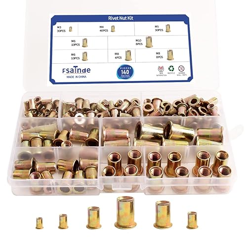 Juego de tuercas remachables de acero al carbono, 140 piezas, cabeza plana, 6 tamaños M3, M4, M5, M6, M8, M10