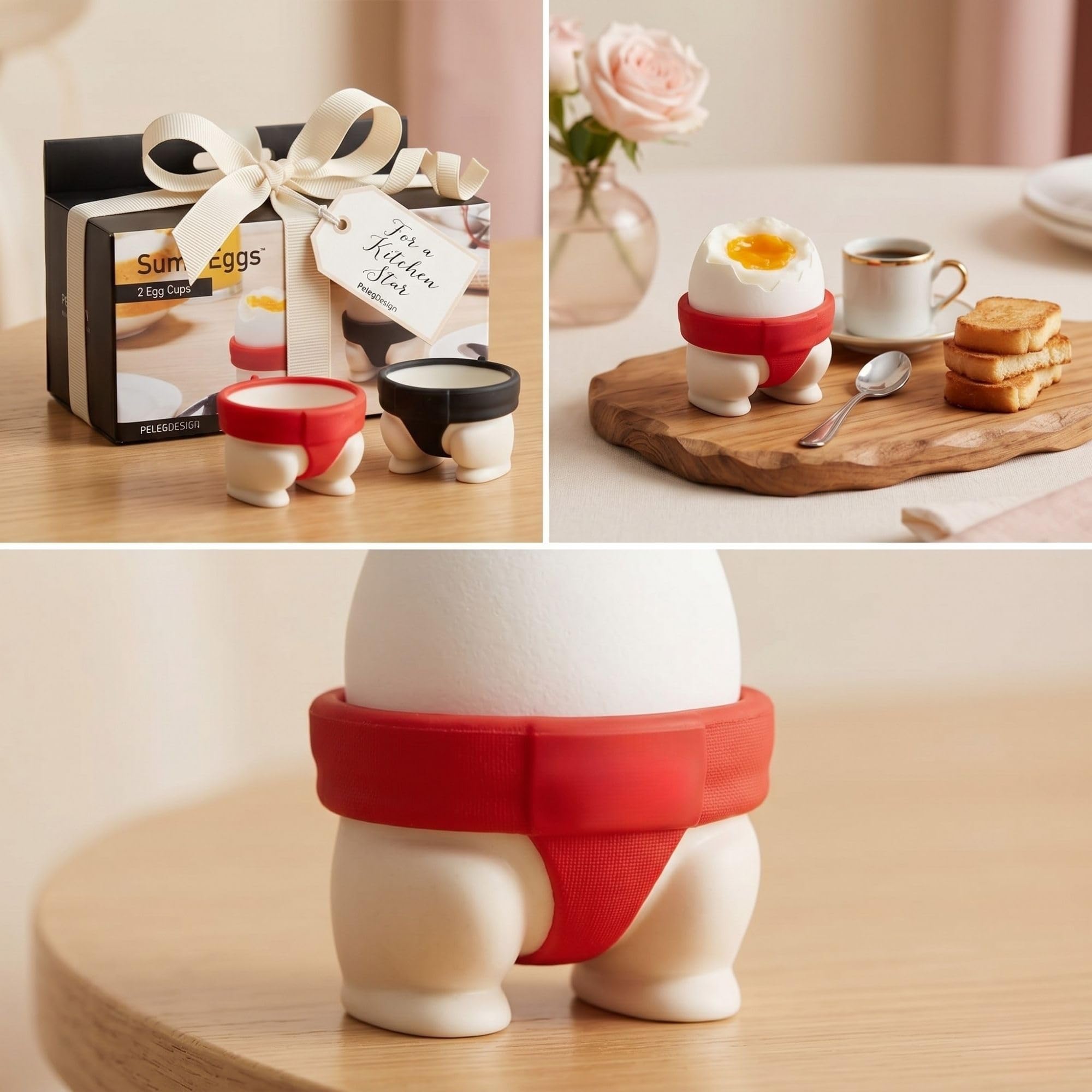 Ramkuwar Set of 2 Egg Cup Holders Funny Sumo Wrestler Egg Holder Stand for Soft And Hard Boiled Eggs Cute Breakfast Egg Cups for Kitchen Dining Table Novelty Tableware Decor (Red & Black) 2