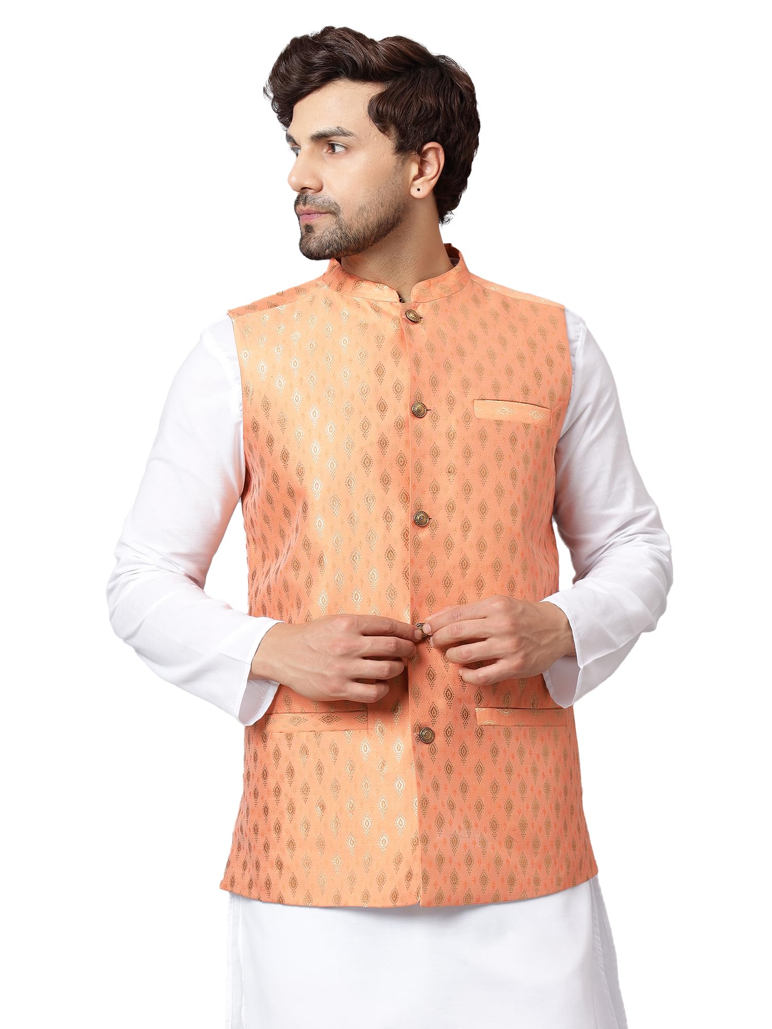 Men's Traditional Silk Cotton Geometrical Printed Premium Nehru Jacket/Waistcoat-image-34