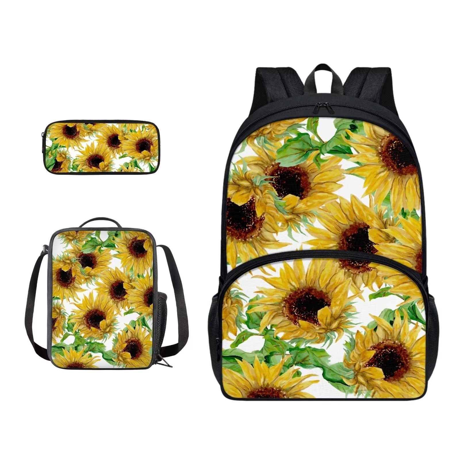 Poceacles Schultasche und Lunchbox-Set für Teenager, Jungen, Grundschule, Büchertasche, Federmäppchen für Grundschulkinder, Sonnenblumen, Einheitsgröße