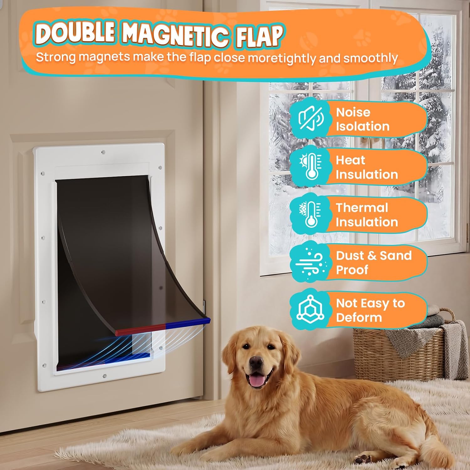 Plastic Dog Door for Door, Never Rust Doggy Door, Doggie Door for Interior and Exterior Doors, Large Plastic Pet Door with Double Magnetic Flaps, Closing Panel, Pet Up to 100 LBS (White)