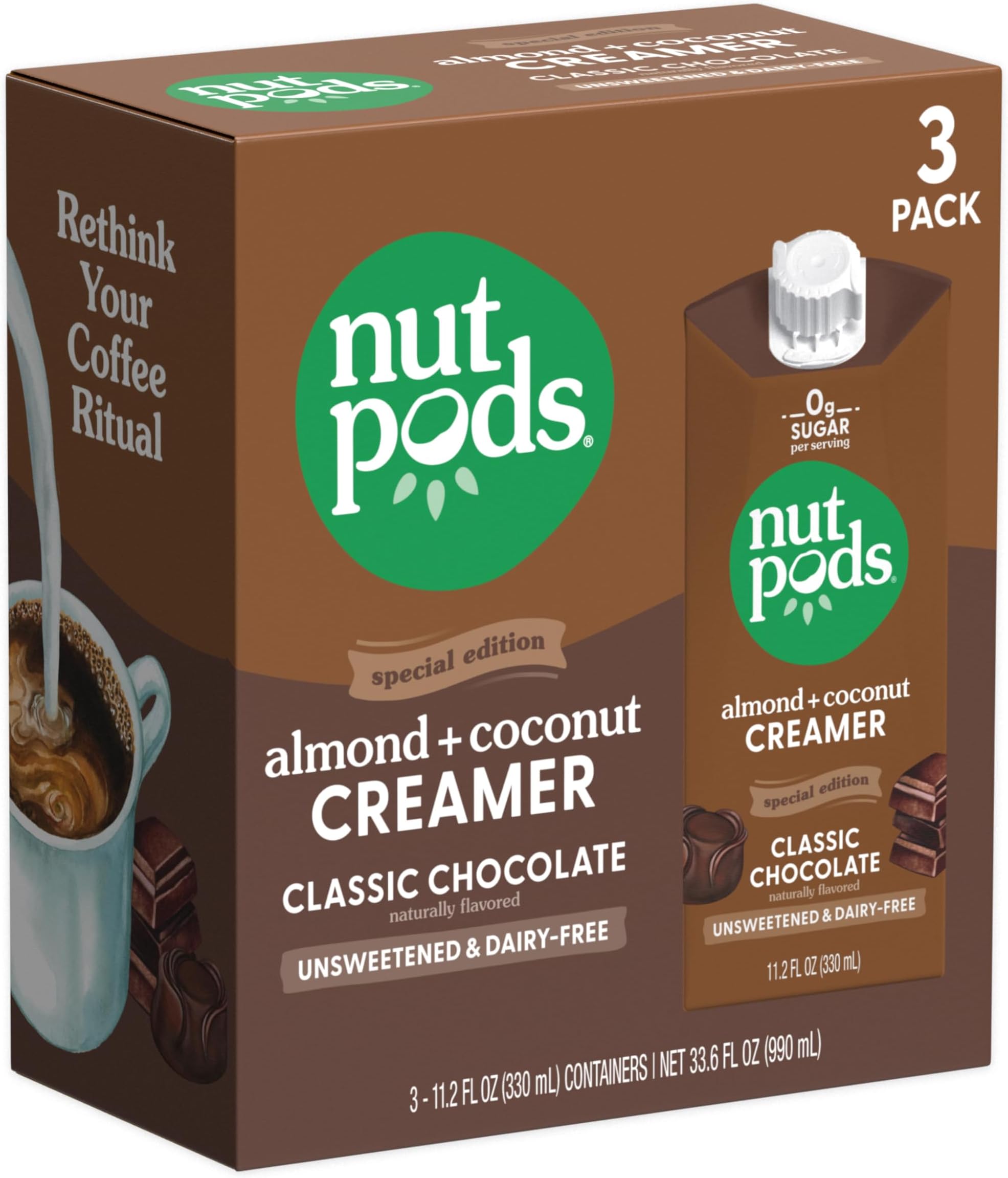 Classic Chocolate Unsweetened Dairy-Free Creamer, Made from Almonds and Coconuts, Whole30, Keto, Gluten Free, Non-GMO, Vegan, Kosher (3-Pack)