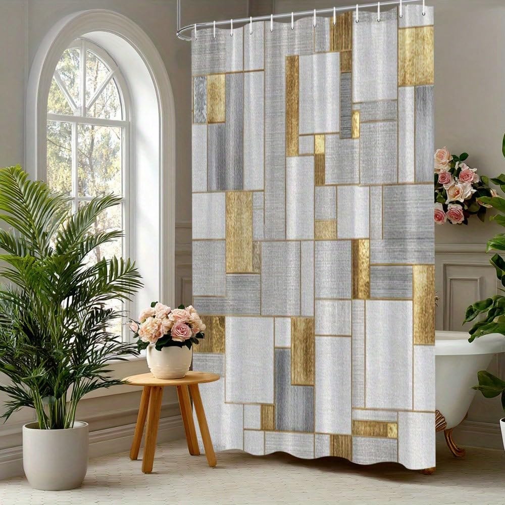 Moderner Abstrakter Duschvorhang – Elegante und goldene 3D-Digitalmalerei für Badezimmer – Badezimmervorhang (180 x 300 cm / 71 x 118 Zoll (B x H))