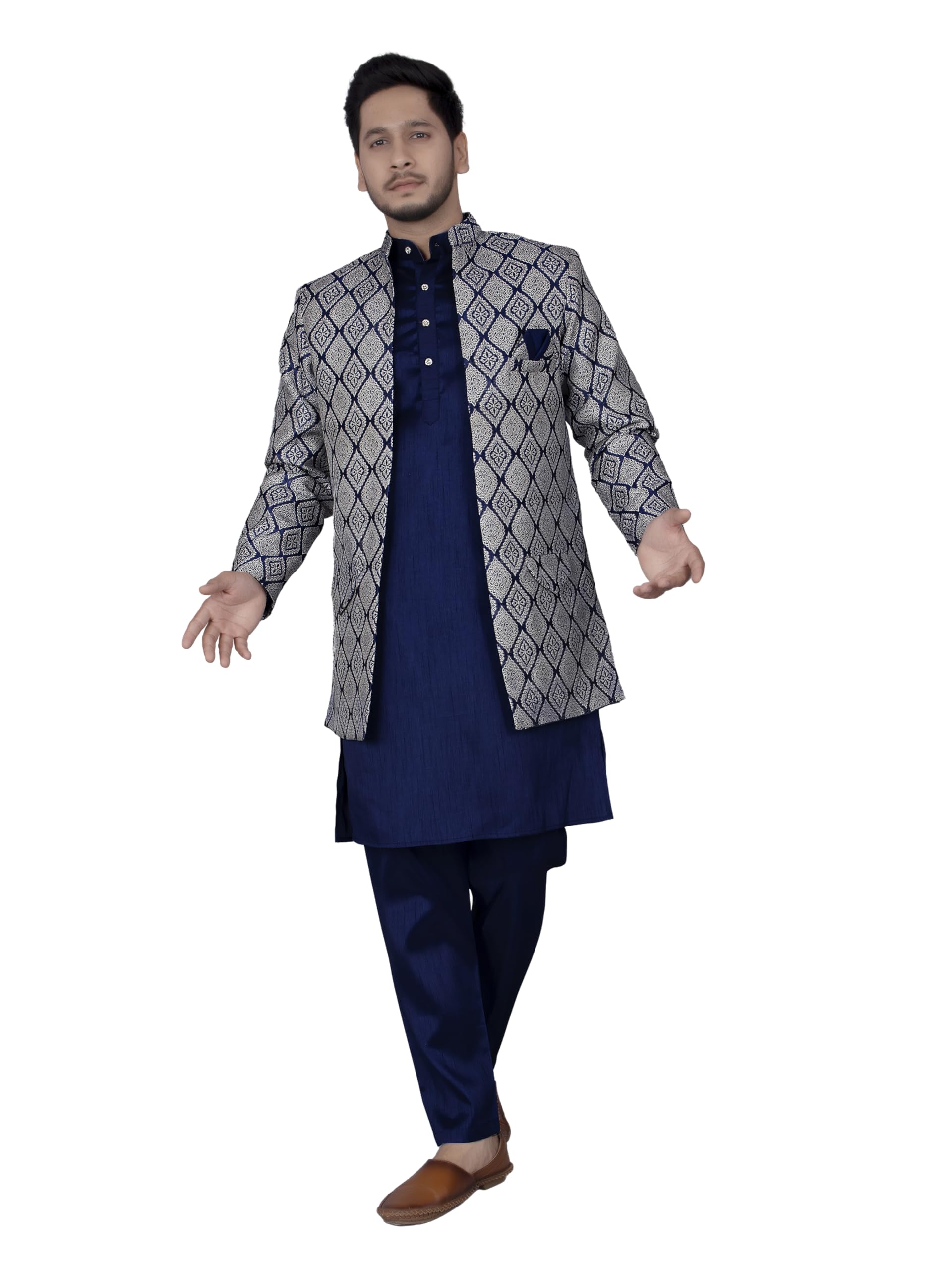 Men's Heavy Jecquard Jacket Sherwani Set with Mandarin Collar Full Sleeves Button Closure Cotton Kurta and Solid Pyjama with Jacktes