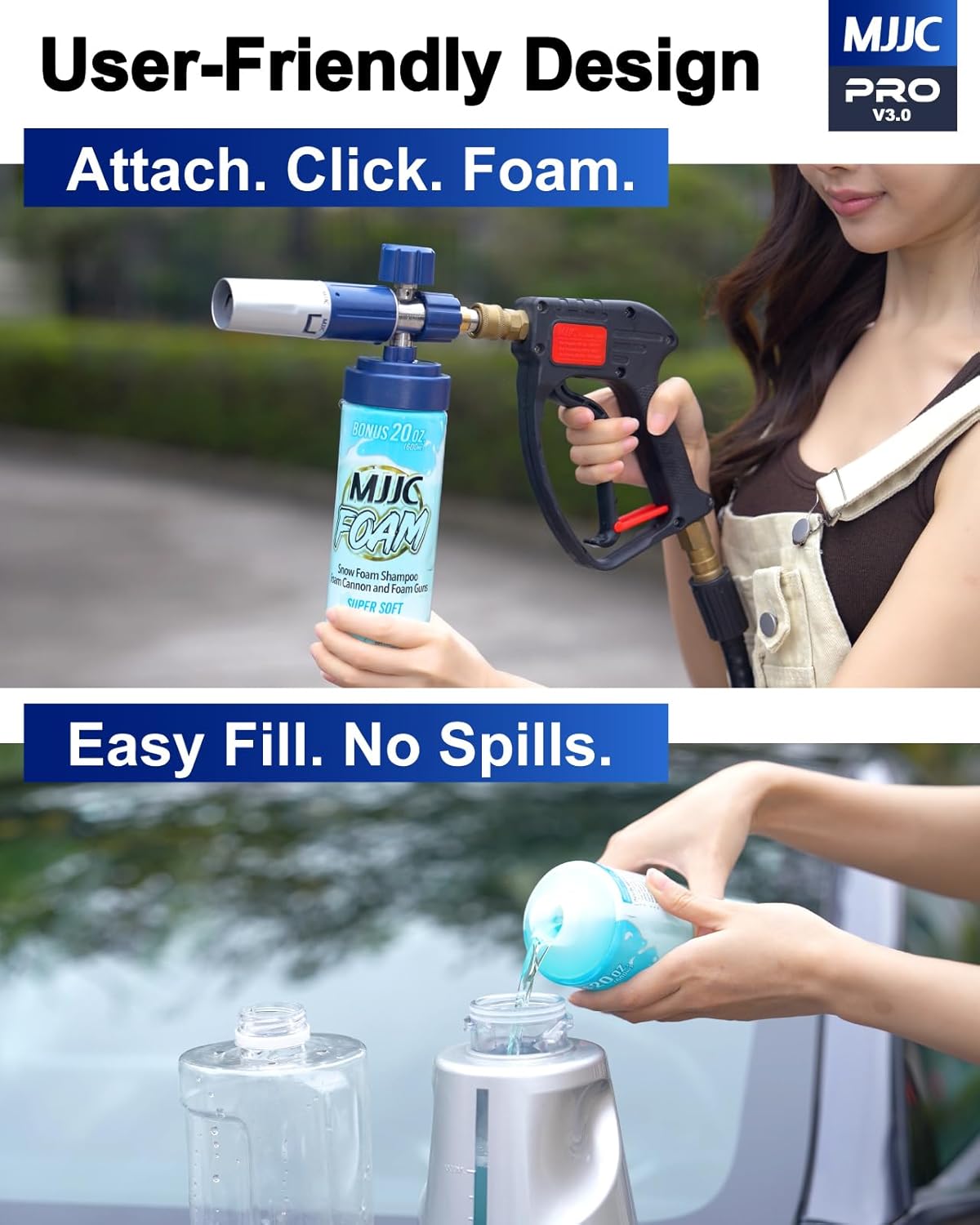 MJJC PRO V3.0 Ultimate Foam Cannon for Pressure Washers – Professional Car Wash Accessory Kit with Thick Foam, Stainless Steel, 44 fl oz Bottle (Pro V3.0 (1/4" Quick Connector) + SOAP Sample)