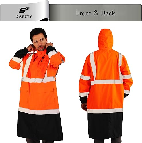 Miniatura 10 de sesafety Chaqueta de lluvia Hi Vis, equipo de lluvia de alta visibilidad, traje de lluvia clase 3 para hombre, impermeable con parte inferior negra,