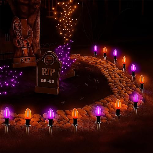 Miniatura 16 de Luces de camino de Halloween para exteriores, paquete de 10 luces de estaca para decoración de fiesta de Halloween con bombillas C9 transparentes