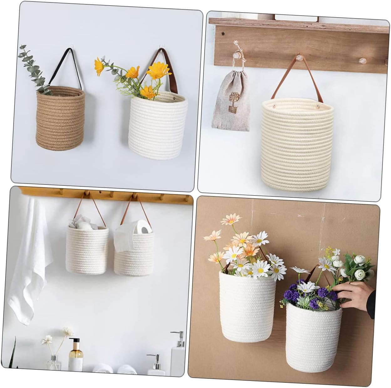 VALICLUD Cotton Rope Wall Hanging Storage Basket Lightweight Foldable Organizer for Nursery Kitchen Bedroom and Living Room Decor Small Multipurpose Storage for Fruits Vegetables and Home image 4