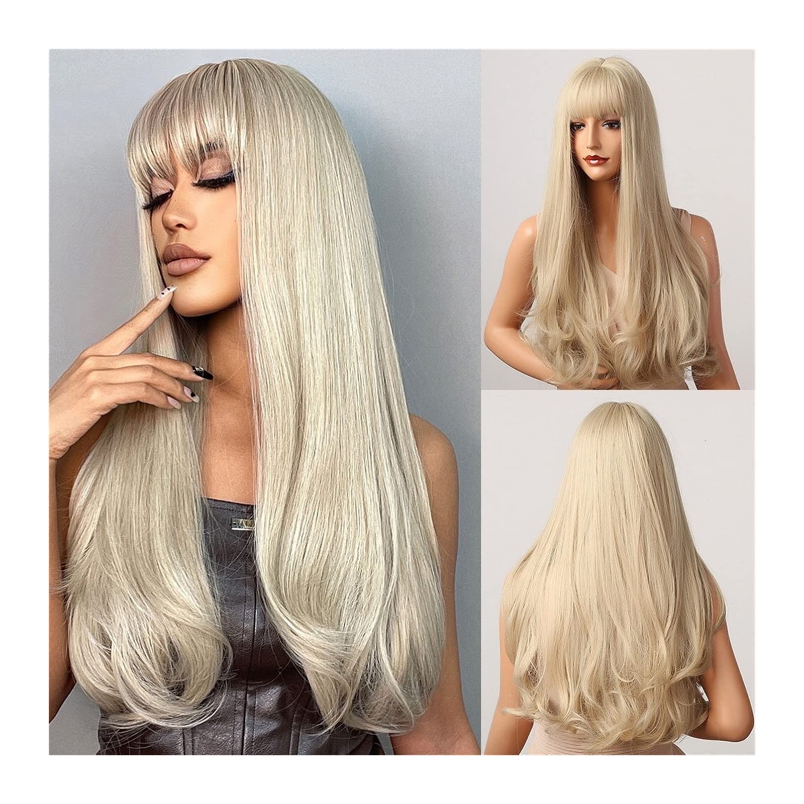 Human Hair Wigs Parrucca Parrucche lunghe ondulate naturali for donna, parrucca bionda platino da 24 pollici con frangia Parrucca sintetica resistente al calore for cosplay di feste quotidiane Natural