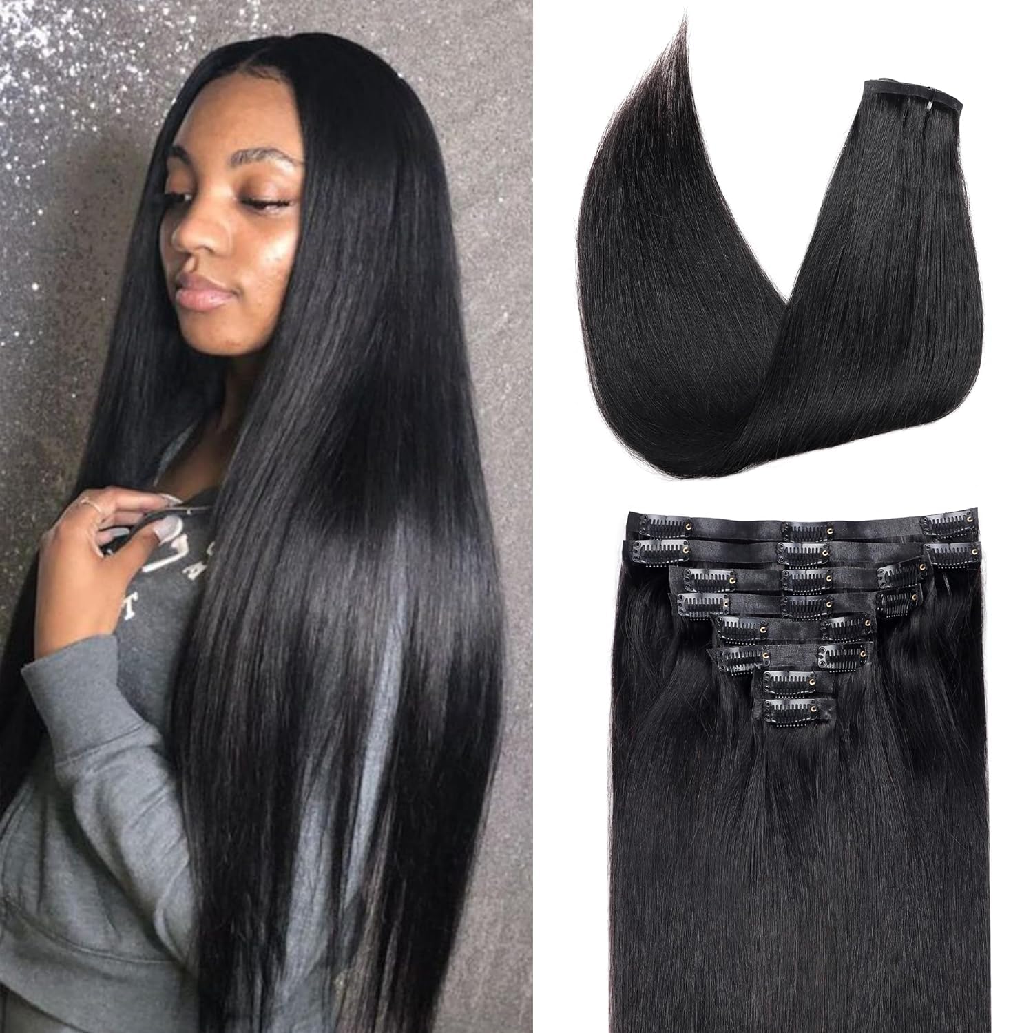 Hair Extensions Human Hair 30in Black Clip In Natural Remy Seamless Amazon.com: Seamless Clip in Hair Extensions Real Human Hair  main image 2