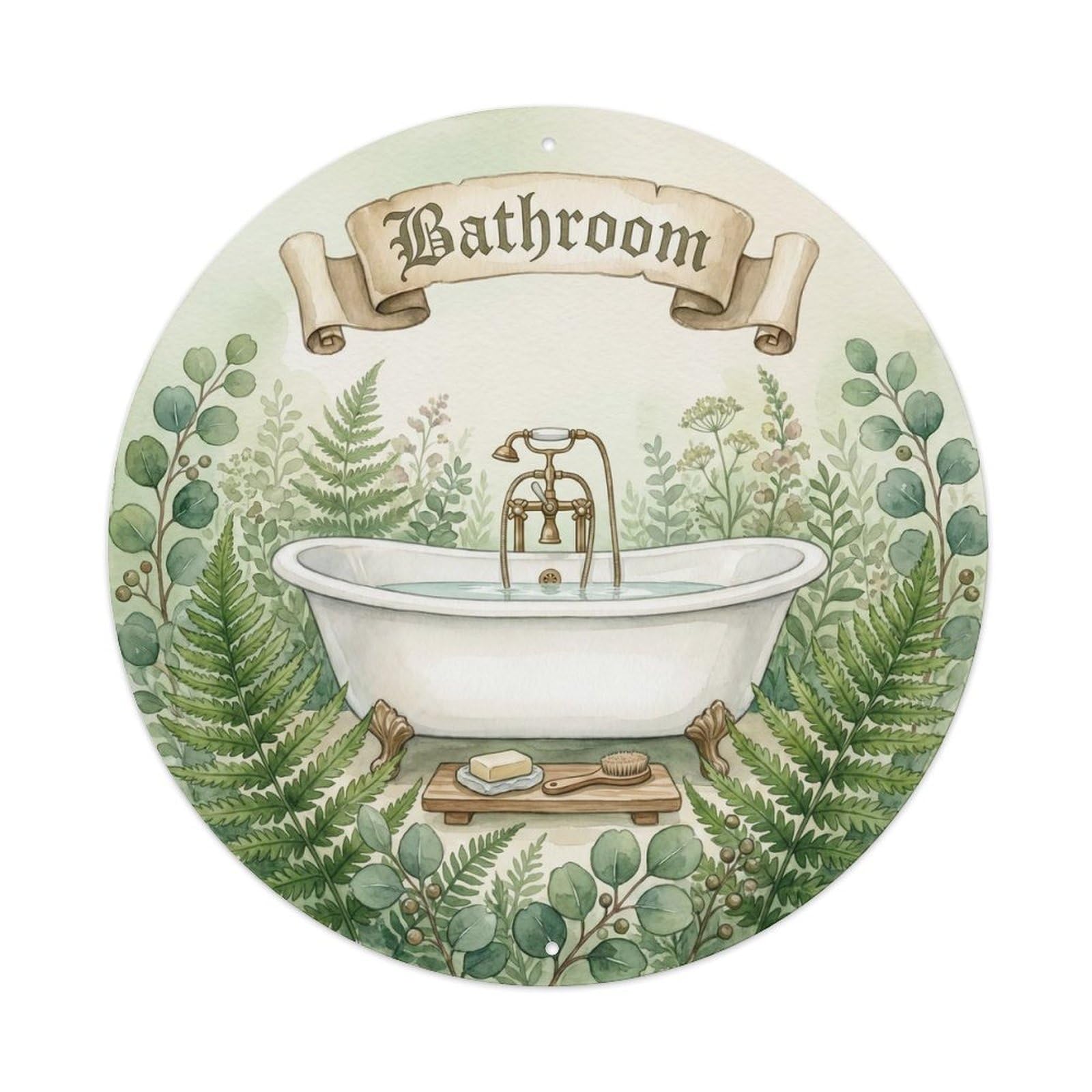 Bathroom Botanical Cottage Round Bathroom Vintage Metal Tin Sign Plaque Wall Decor for Cafe, Club, Garden Round Metal Poster 8x8Inch