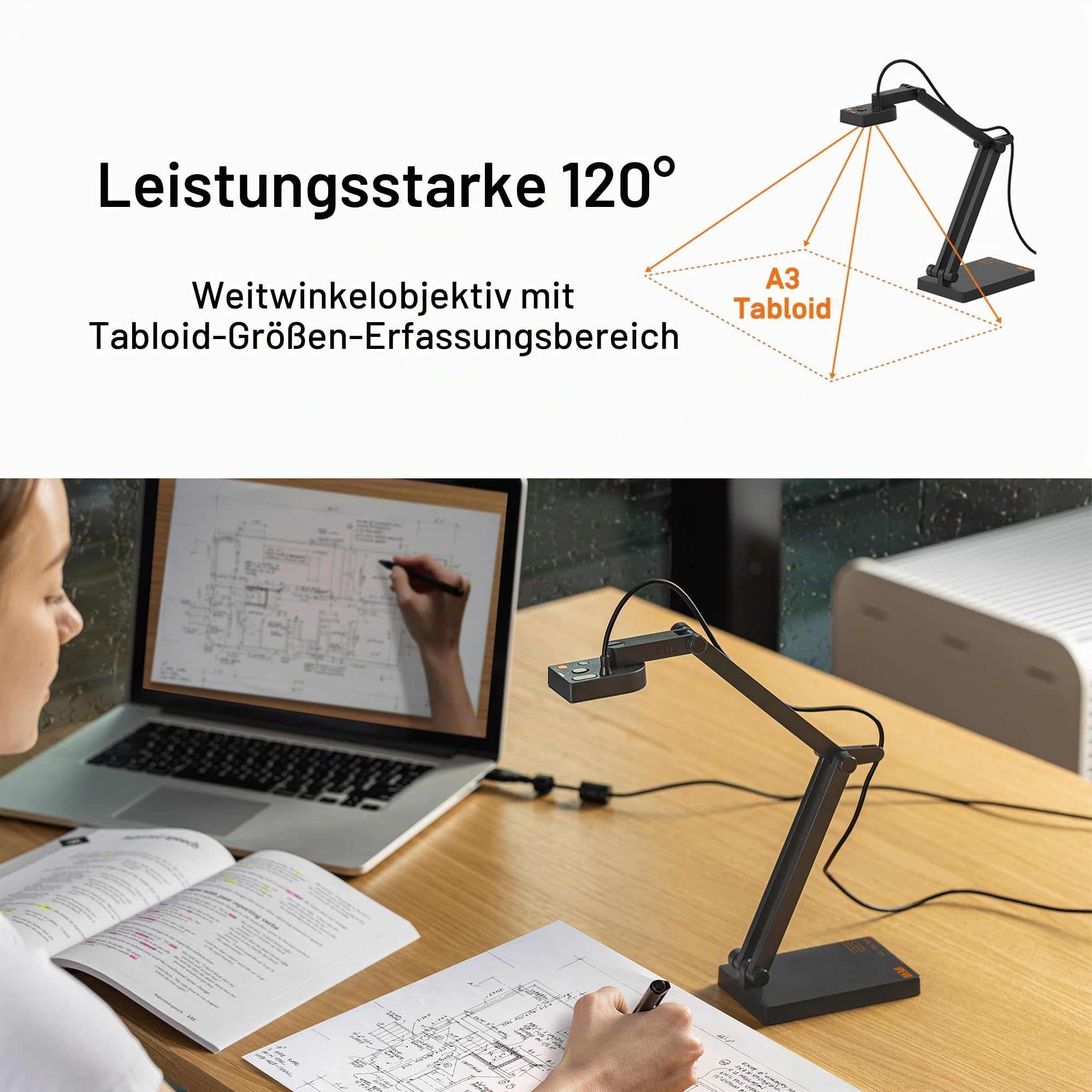 Ipevo V4K PRO 120 4K USB-Dokumentenkamera, 120-Grad-FOV-Objektiv, Sony CMOS-Sensor, schneller Autofokus, AI-Rauschunterdrückung, Webcam, USB-Plug-and-Play, Videokonferenzen, Streaming, Arbeit von zu