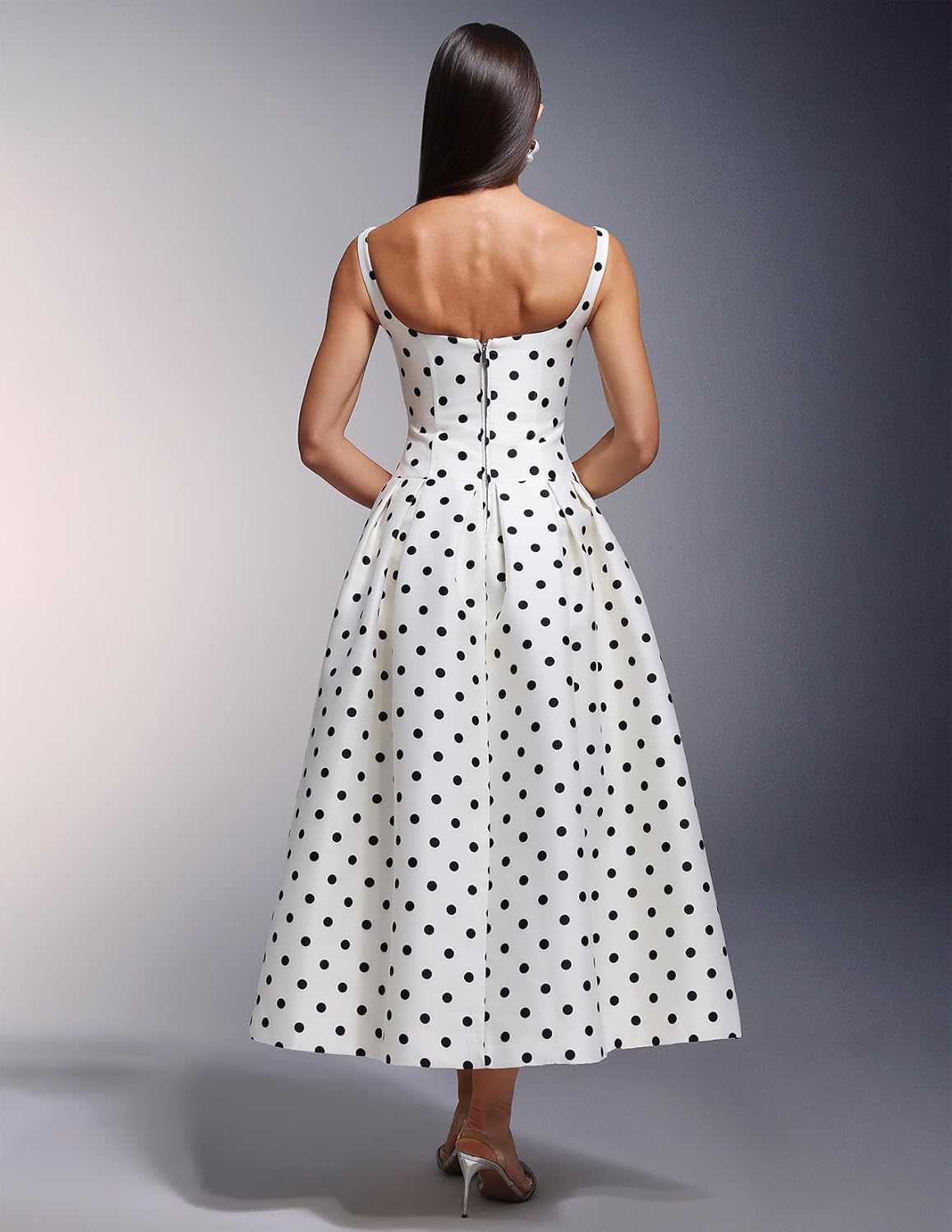 BELLA BARNETT White Spaghetti Strap Satin Polka Dot Dress for Women Maxi Vintage Pleated Prom Homecoming Dress