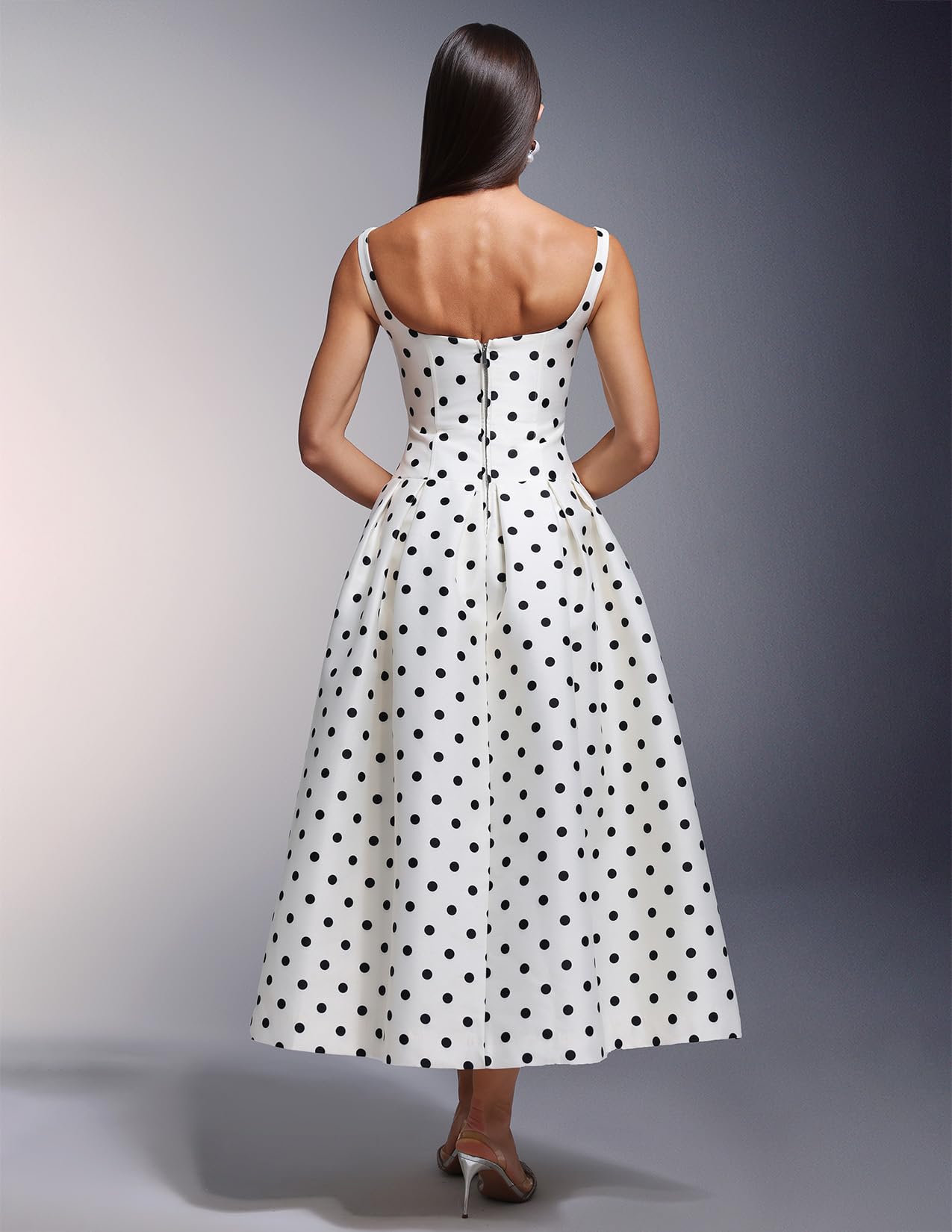 BELLA BARNETT White Spaghetti Strap Satin Polka Dot Dress for Women Maxi Vintage Pleated Prom Homecoming Dress product thumbnail 4