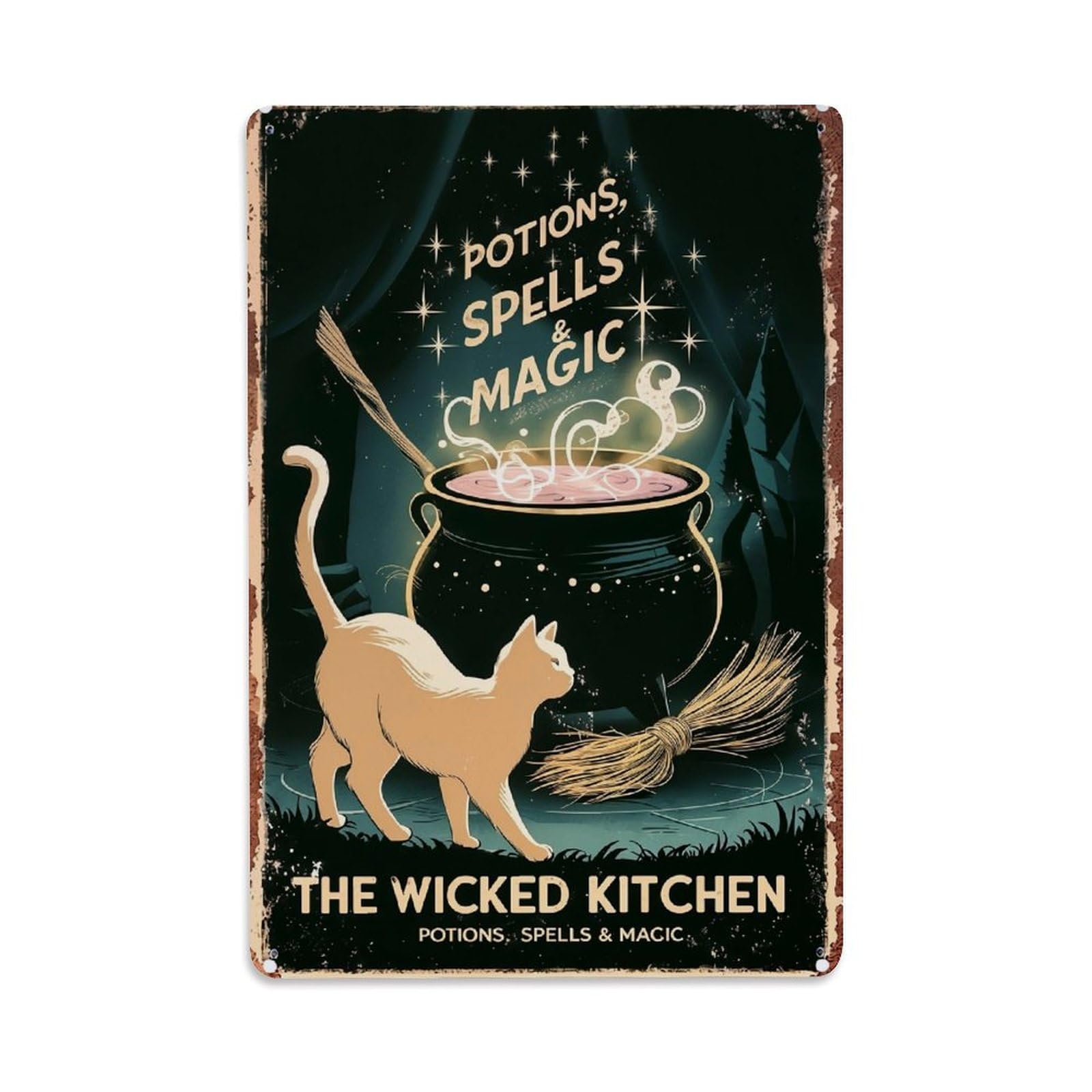 Jdfenggu Vintage Witchy Cat Cauldron Magic Poster Retro Metal Tin Sign, Metal Poster For Bar, Home, Man Cave, Kitchen, Laundry Room Art Decor 8X12 Inch