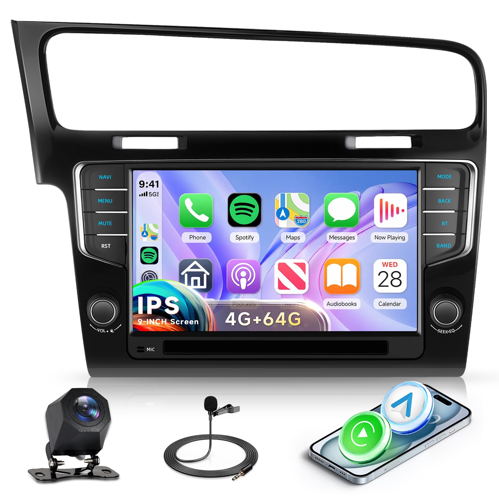 【Dab+】 4G+64G Autoradio Android pour VW Golf 7 2013-2017 Carplay sans Fil Android Auto, 9'' Écran Tactile IPS Mirror Link GPS Navi Bluetooth WiFi FM/RDS/EQ Commandes au Volant Caméra Recul