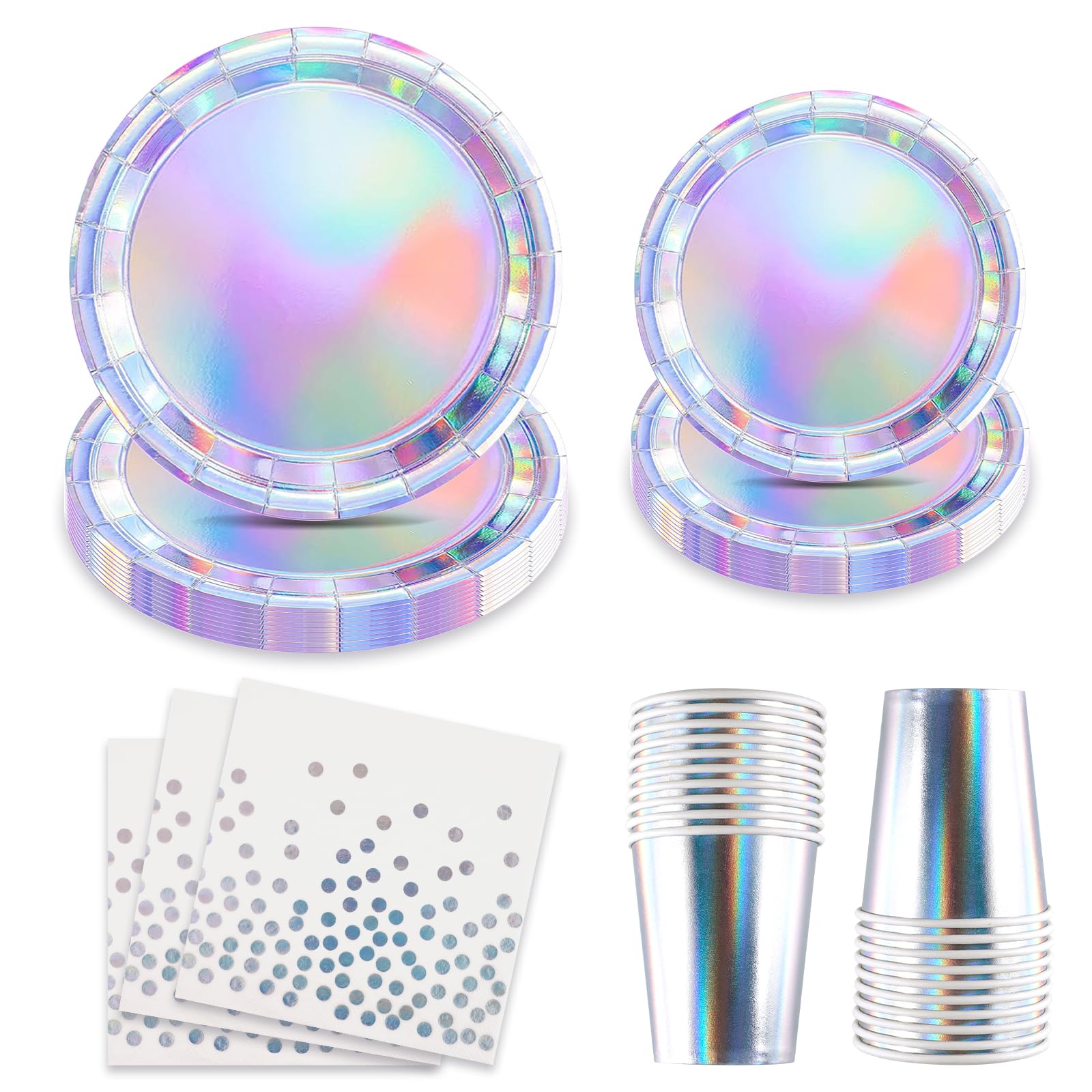 100Pcs Iridescent Party Plates Set, 9" and 7" Holographic Paper Plates Napkins, Cups Serves 25 Guests, Disposable Tableware for Birthday Bridal Shower Bachelorette Disco Party Decorations