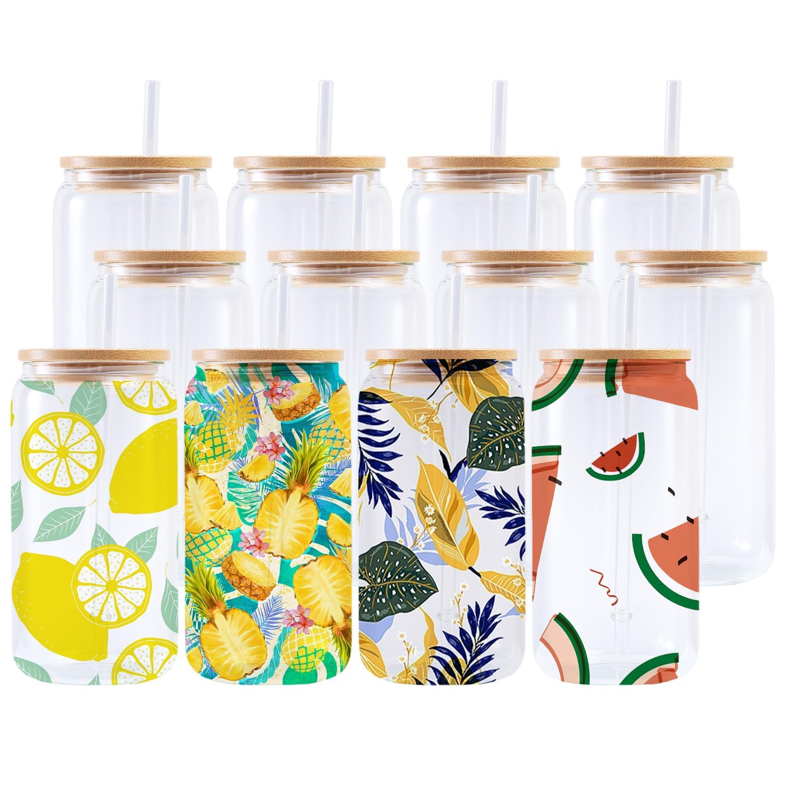 Paquete de 25 vasos de 16 onzas con tapas de bambú y popote, vasos de sublimación transparentes en forma de lata, vasos de cerveza, vasos de café helado, ideales para cóctel, whisky, regalo