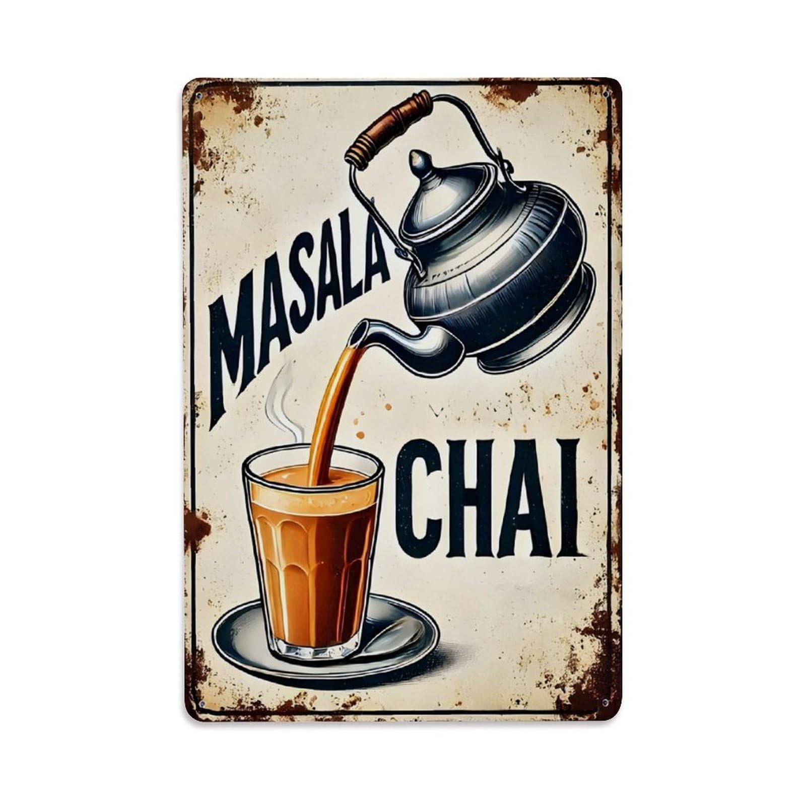 Vintage Masala Chai Vintage Aluminium Metal Sign, Retro Wall Decor for Home, Bar, Garage & Farmhouse 30x20cm