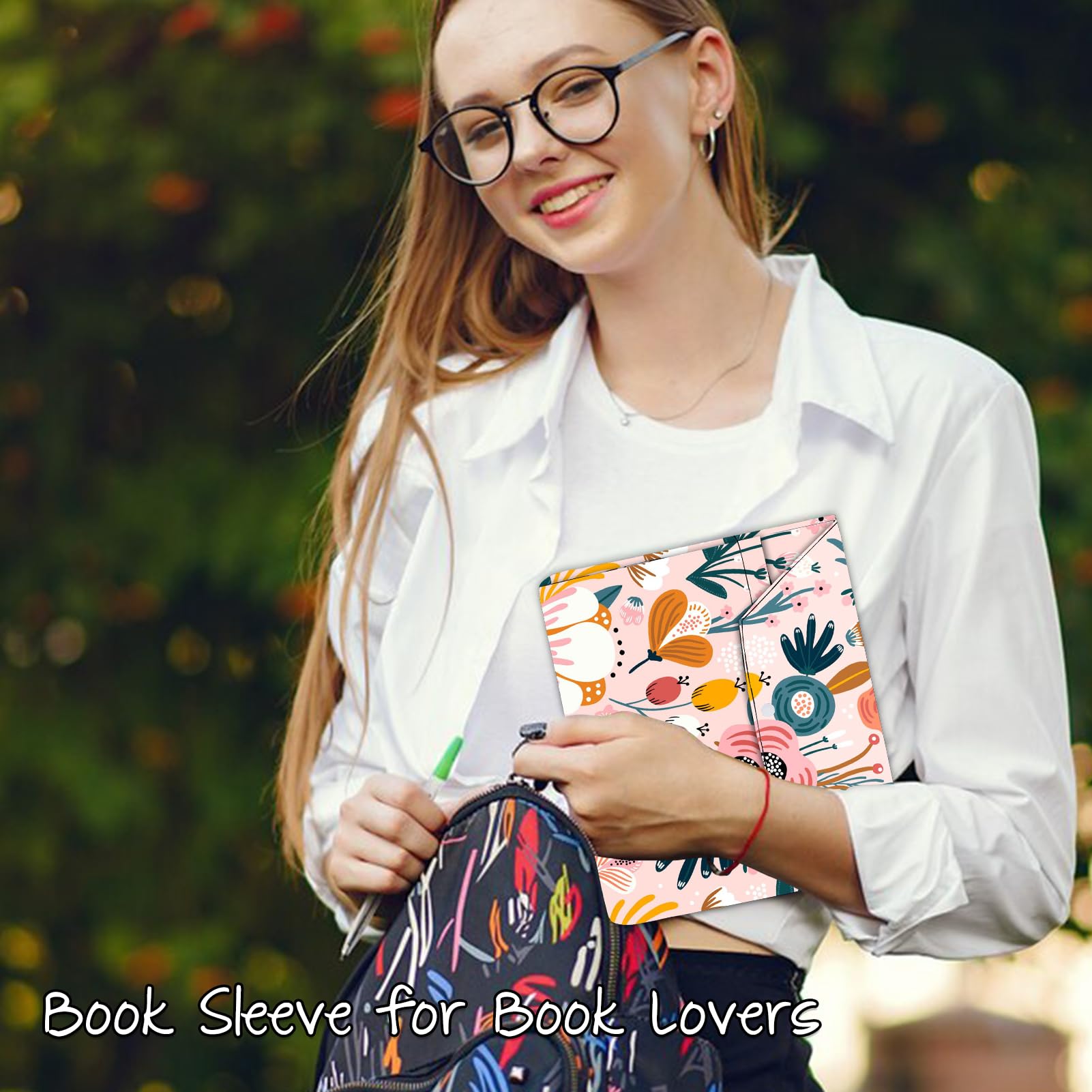 NICENEEDED Floral Book Cover, Book Sleeve with Button - Image 2