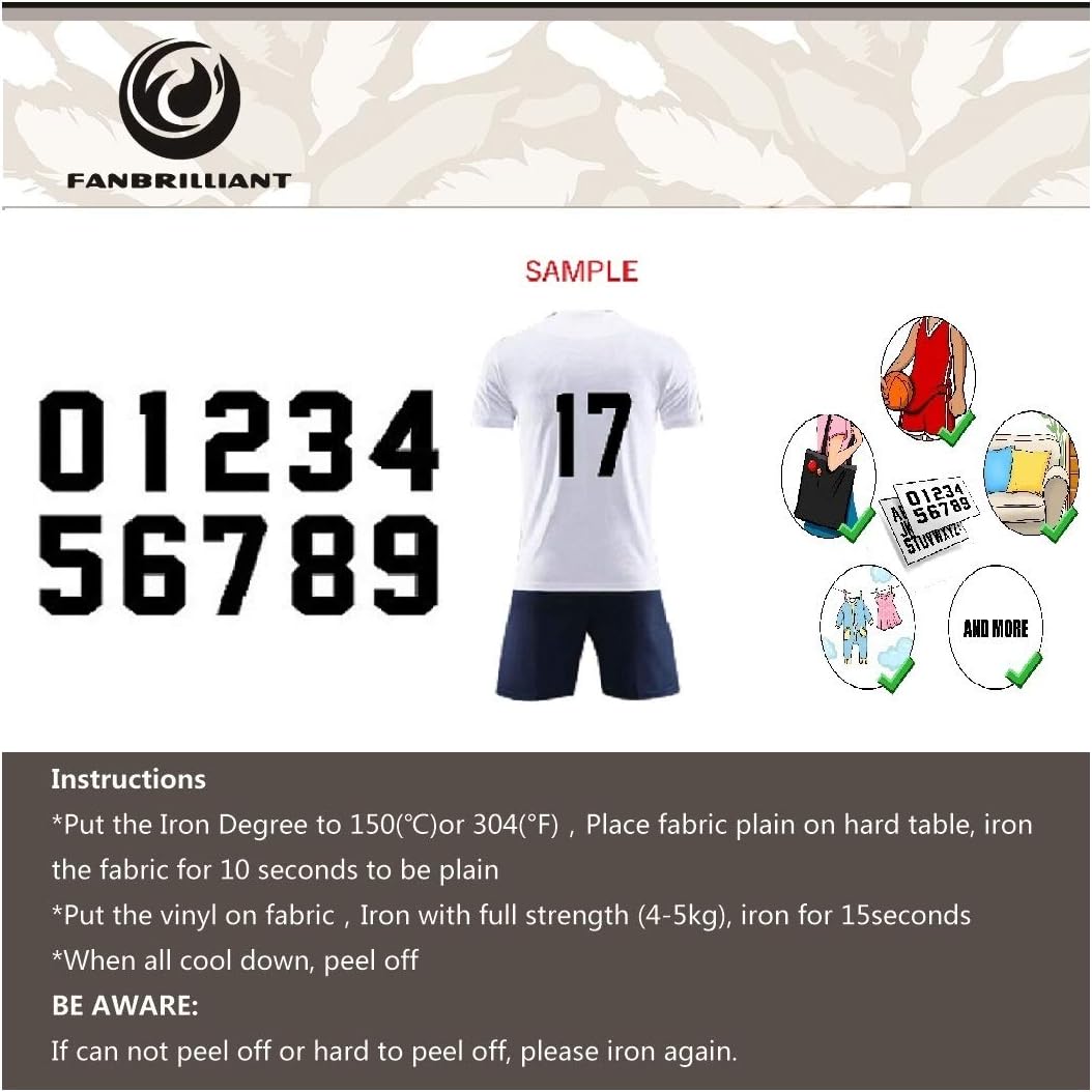 Fanbrilliant 0 to 9 Numbers 8 inch Tall for Sports T-Shirt Jersey Iron on Heat Transfer Numbers (Black)