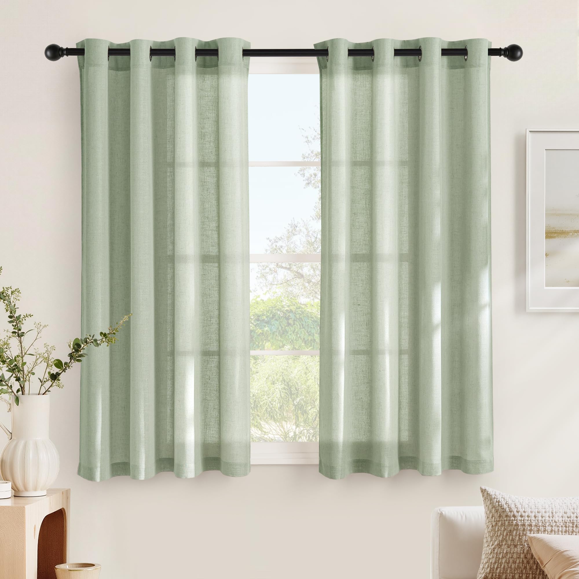 Voilage lin decoration fenetre maison NICETOWN rideau vert-gris L140xH160cm