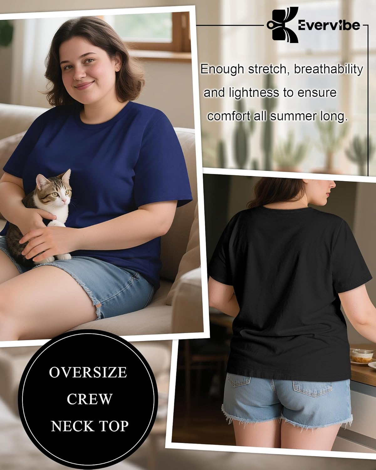Evervibe 3 Pack Plus Size Women's T-Shirts Crew Neck Short Sleeve Tops Loose Fit Casual Summer Basic Plain Tees