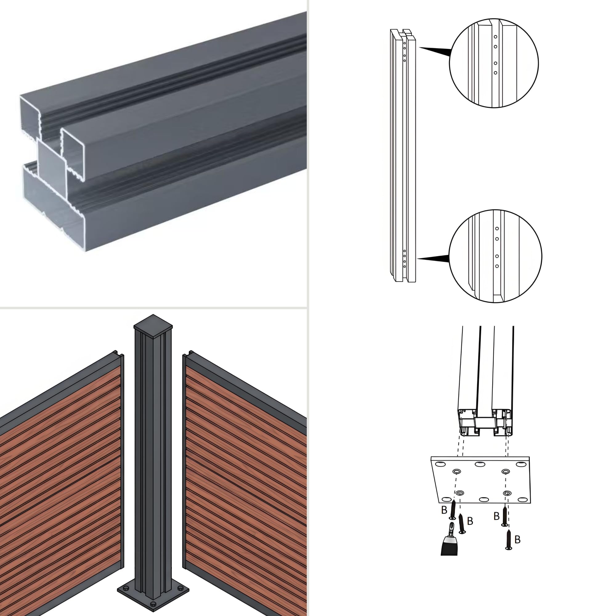 WPC Sichtschutzzaun Komplettset Anthrazit 180x185cm Alu-Pfosten