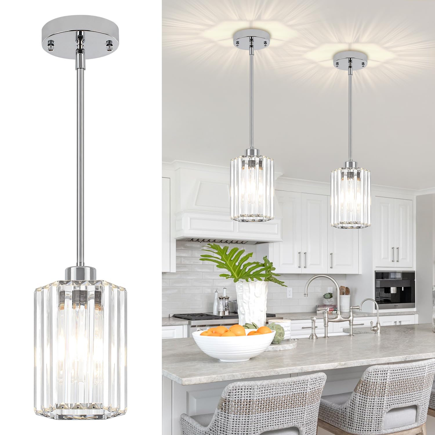 2-pack chrome pendant lights kitchen island modern crystal hanging pendant light hexagonal mini chandelier adjustable hanging kitchen lights for dining room hallway bedroom entryway light fixture
