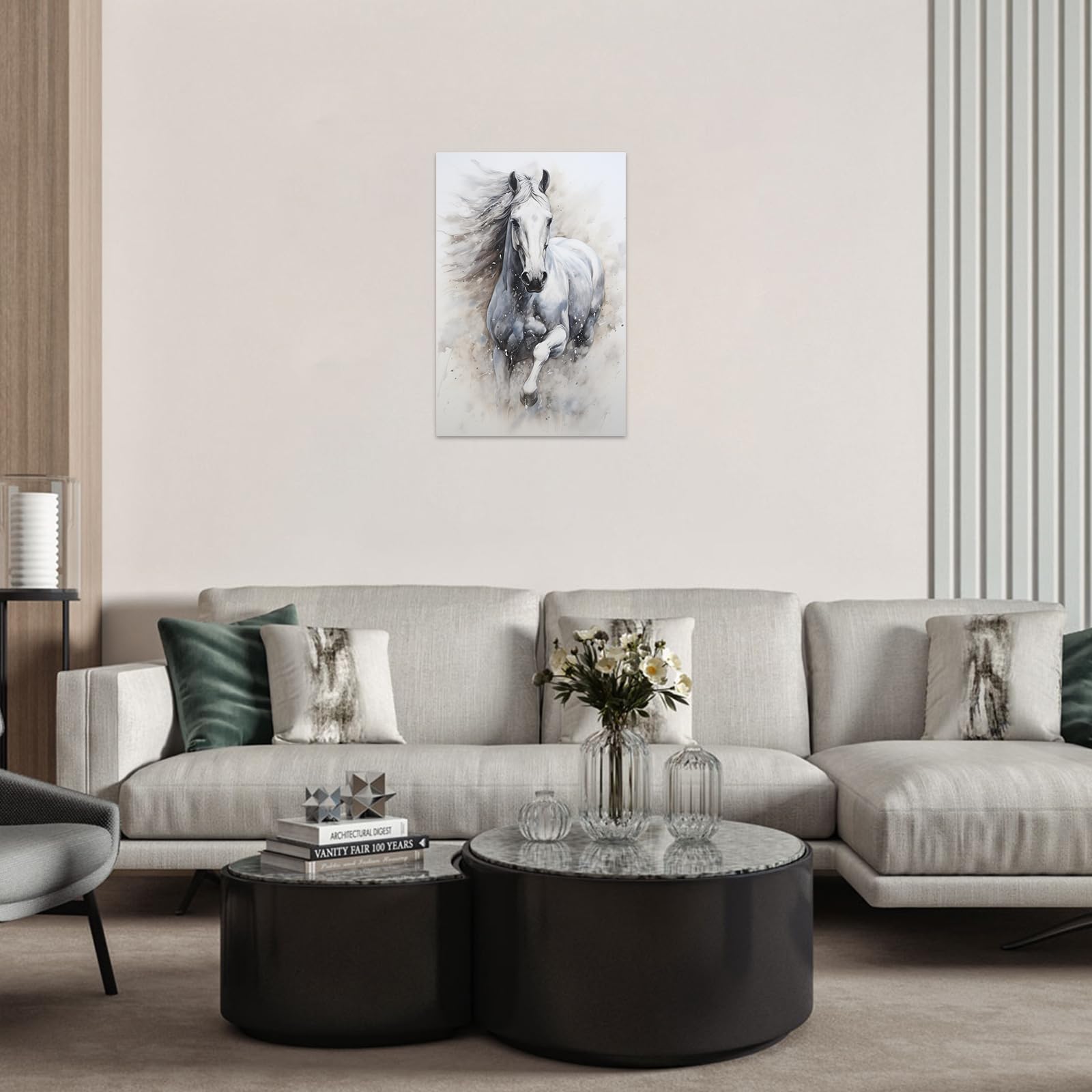 CCWACPP Stampa di cavalli su tela Pittura di cavallo bianco Immagine di cavallo in corsa Acquerello Ritratto di animale occidentale Opera (A, (30.00 x 45.00 cms))