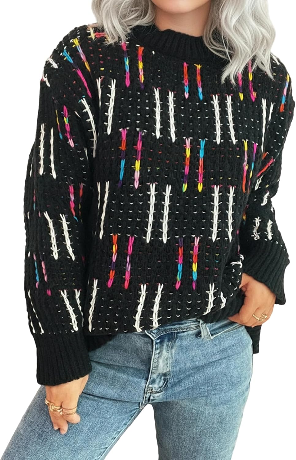 Tcremisa Cozy Sweaters for Women Fall Oversized Pullover Sweater Y2k Colorful Striped Chunky Knit Tops Cute Jumpers