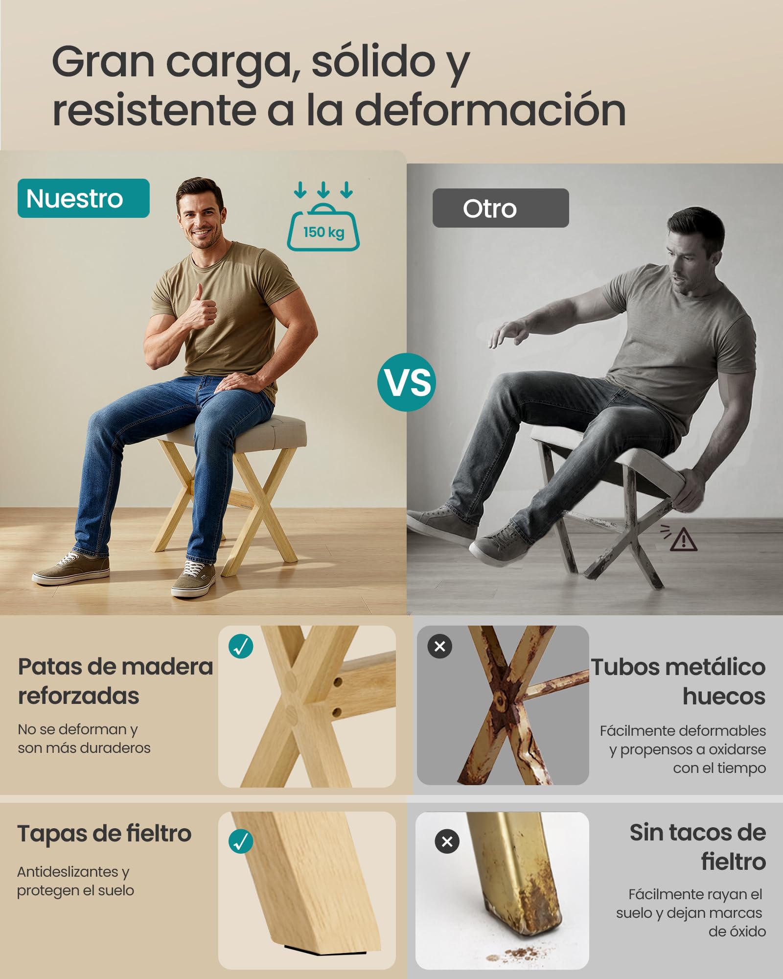 SONGMICS Taburete de Tocador, Taburete de Maquillaje Acolchado, Reposapiés, Patas de Madera, para Dormitorio, Vestidor y Recibidor, 32 x 42 x 46 cm, Beige Arena y Natural LSF006LF02 — view 6