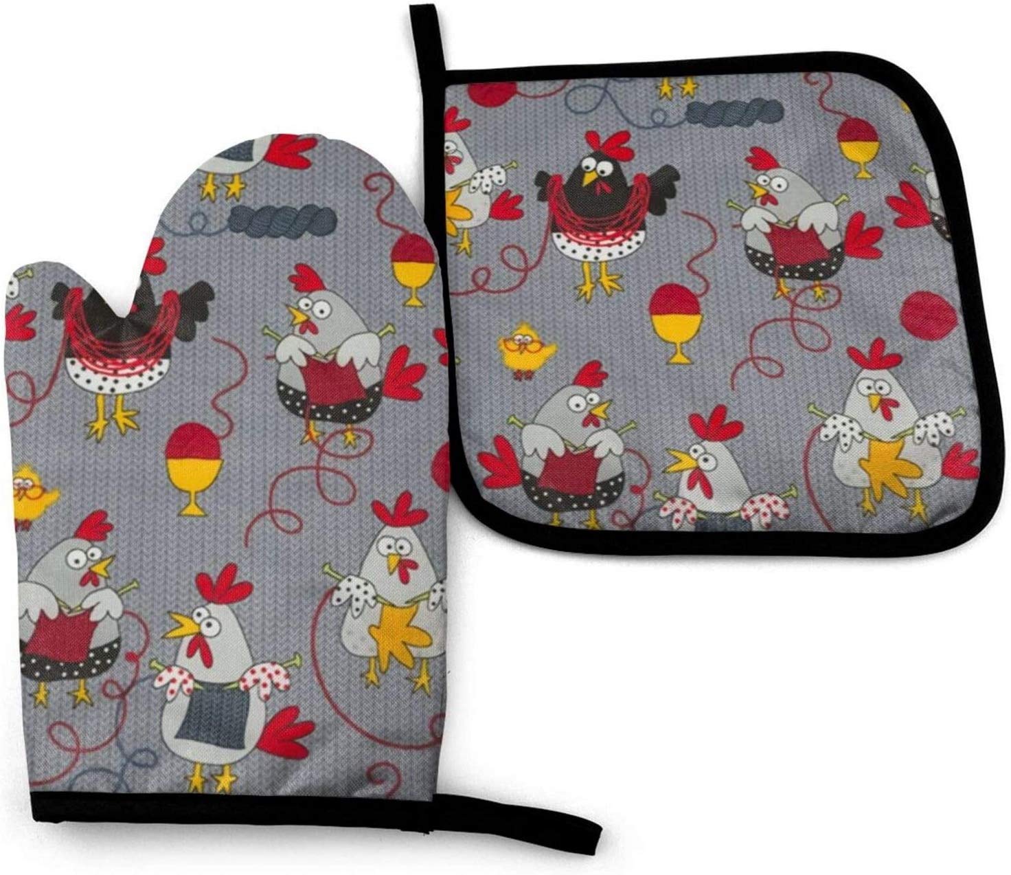 QISHUI Kakgop Red Chickens Oven Mitts and Pot Holders Set, Heat Resistant Kitchen Mitten Glove for Cooking Baking BBQ Grilling