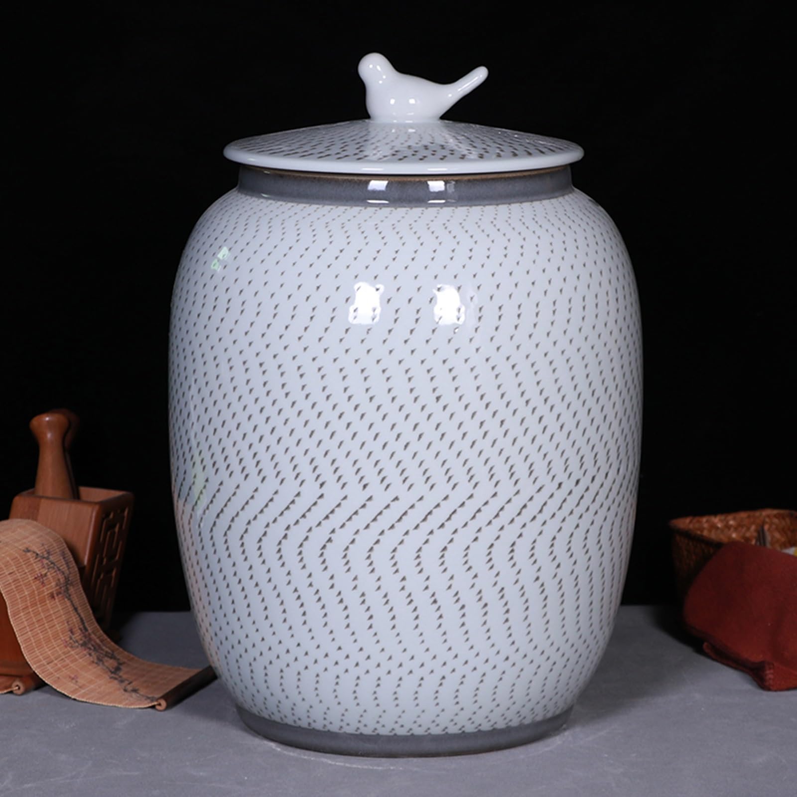 MESCXTY Large Capacity Ceramic Jar for Rice with Lid Home Storage Container Kitchen Dispenser Airtight rice Coffee Nuts Snacks Tea Flour Oatmeal(White,33lb/15kg)