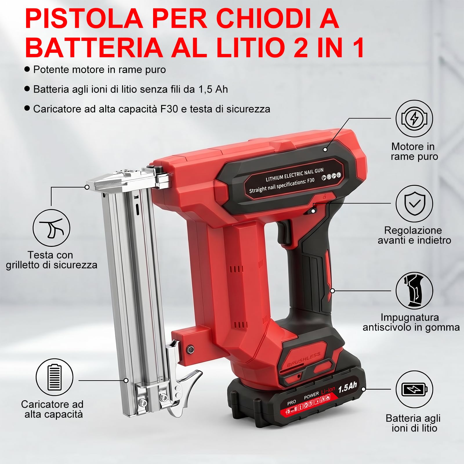Chiodatrice Elettrica, 2 in 1 Chiodatrice e Graffettatrice con 500 Chiodi F30 e 500 Graffette Tipo 422, Chiodatrice a Batteria Senza Fili, per Vari Tipi di Legno, 1500mAh Batteries *2