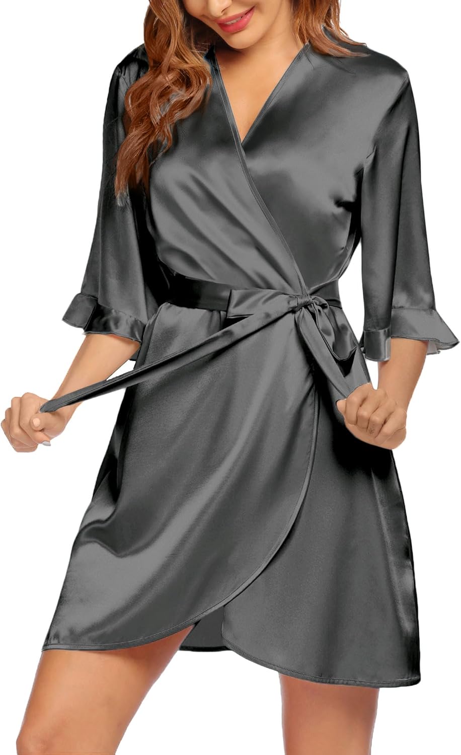 Ekouaer Women's Satin Robe Valentines Lingerie for Women Kimono Bathrobe Short Ruffle Belted Robes Bridesmaids Sleepwear - Image 2