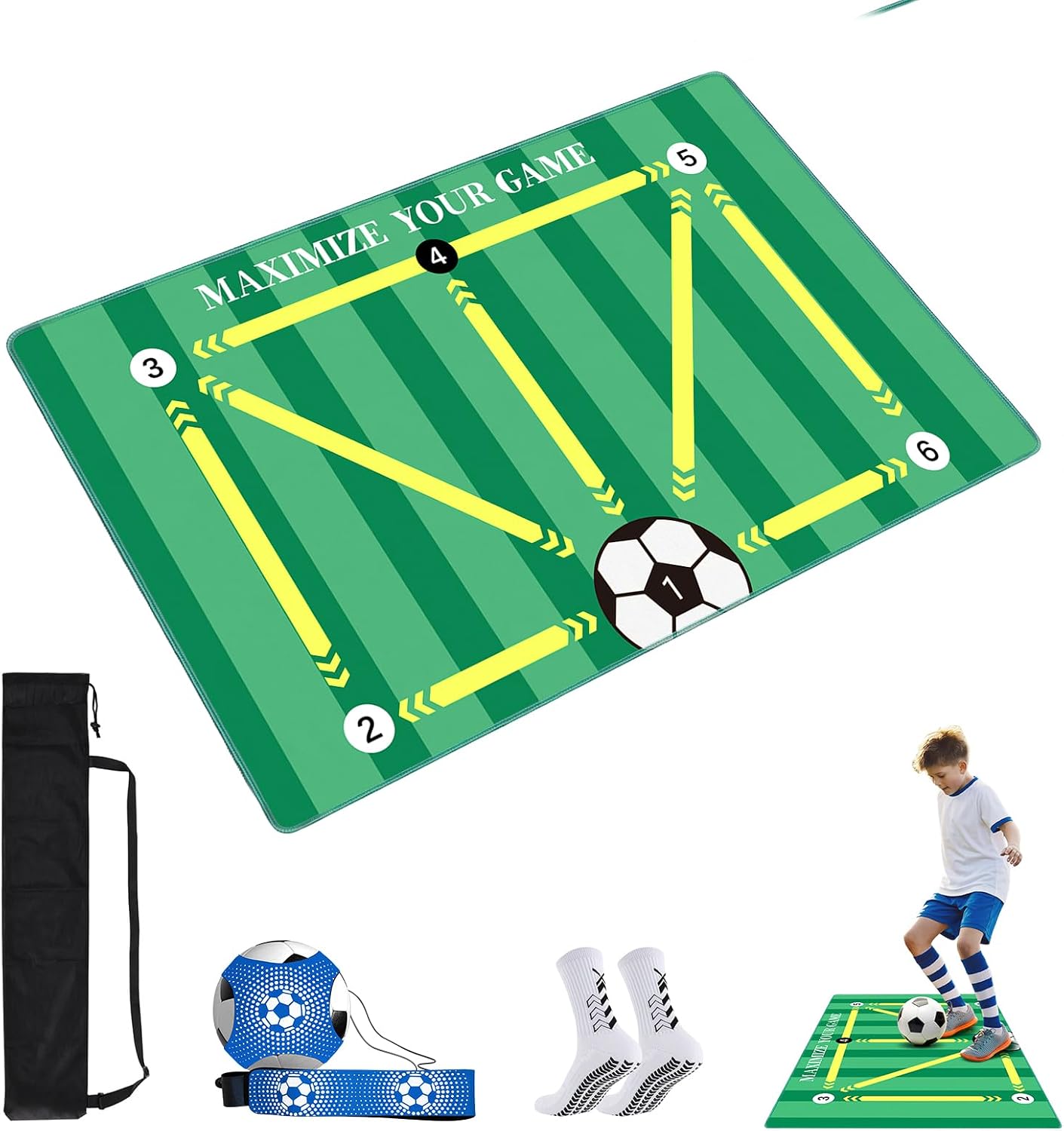 Soccer Training Mat 35 x 24 in, Anti-Slip Silent Footwork Pad with Kick Trainer, Socks & Storage Bag, Improve Agility & Ball Mastery, Indoor Outdoor Football Gear for All Ages