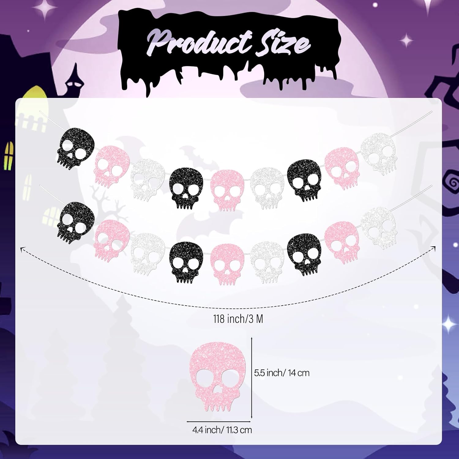 2PC Black/Silver/Pink Skull Garland for Halloween Party Decorations Glitter Skull Banner for Girl/Women Gothic Birthday Decorations Supplies - Image 3