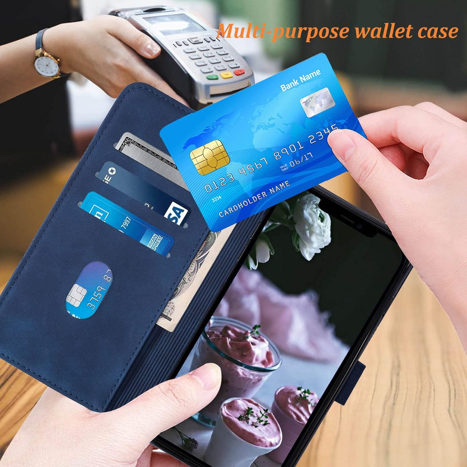 for iPhone X/Xs Wallet Case Blue, Card Holder Slots, Wrist Strap, TPU Interior Protective, Stand, PU Leather, Folio Flip Cases Cover - Image 2