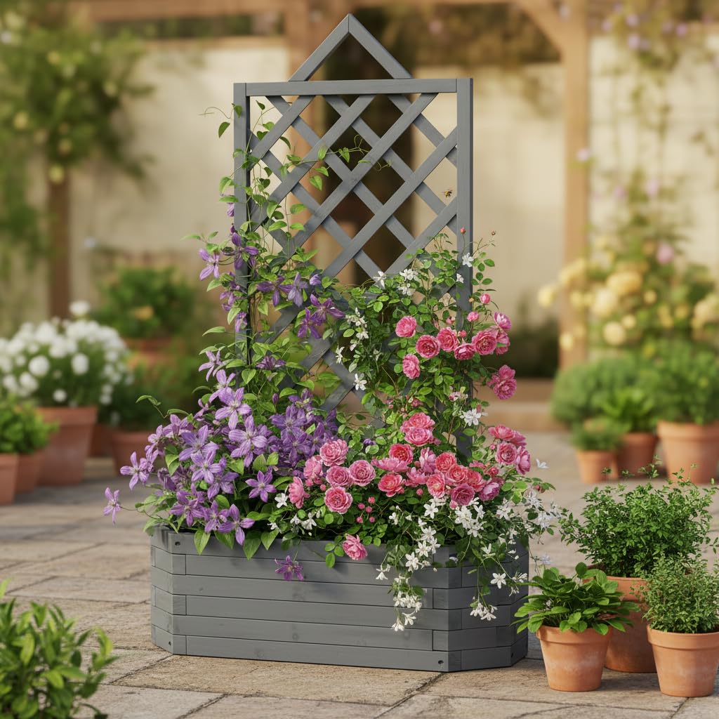 Melko Enrejado de 150 cm con macetero, arco de rosas con jardinera de madera, para plantas colgantes, enredaderas o macetas