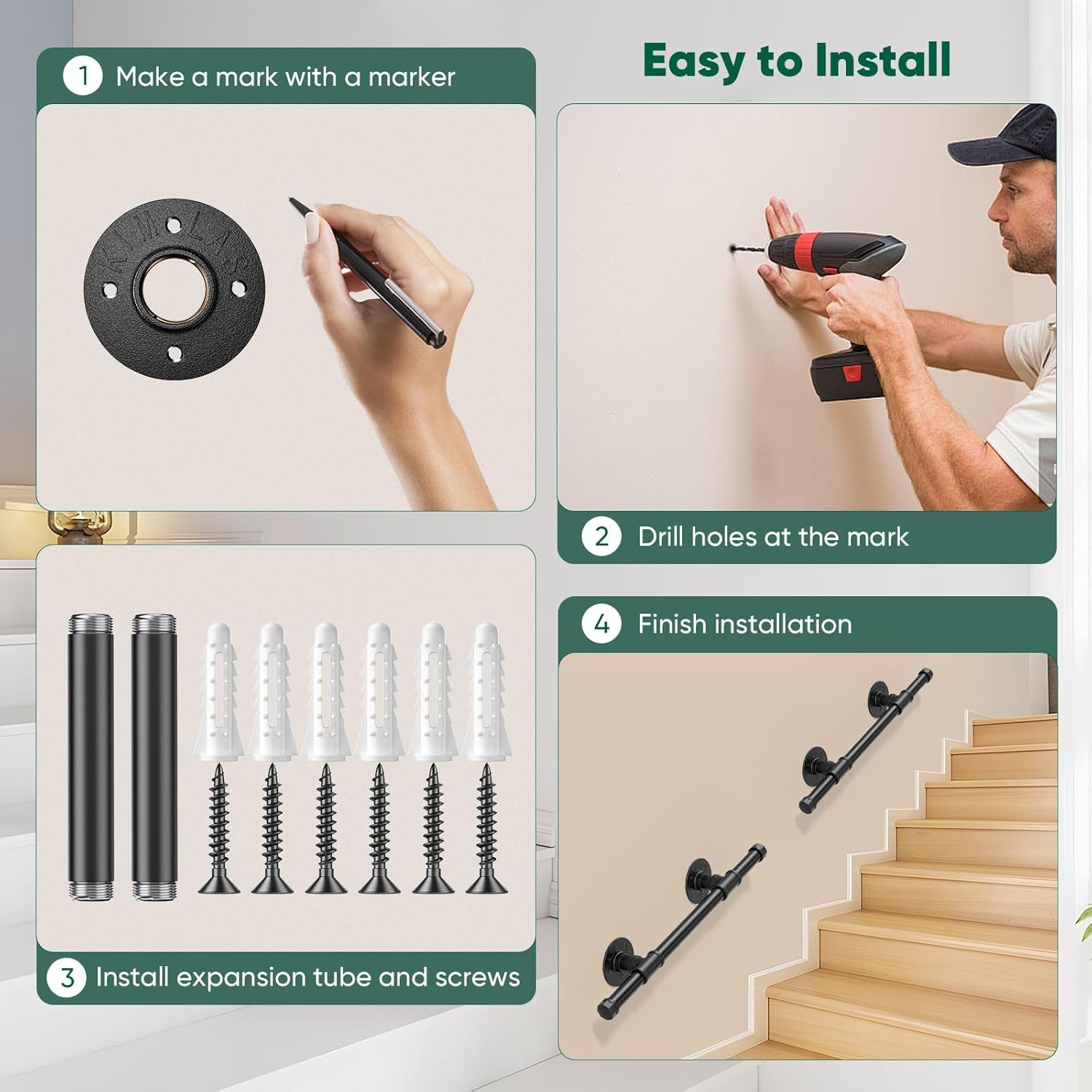 Pasamanos para Escalera, Sunowl 0,5M Barandilla para Escalera Interiores y Exteriores, Barandillas Metal Antideslizantes Seguridad, Barandillas de Galvanizada para Escaleras, Cocina, Baño, Jardín