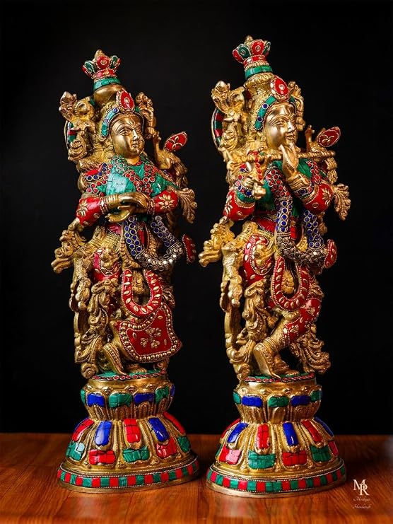 Radha Krishna Statue Brass, 51 CM Radha Krishna Idols for Home Temple, Goddess Radha Lord Krishna Hindu Divine Couple, RadheKrishna Figurine | Brass Radha Krishna with Stone Work jugal godi