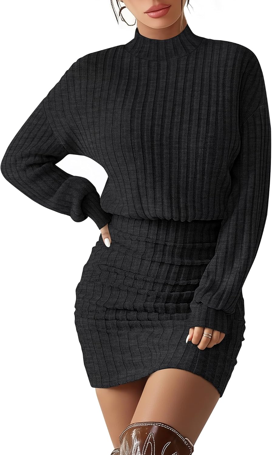 Velvelhall Women's Pullover Sweater Dress Long Lantern Sleeve Ribbed Knit Mock Neck Ruched Bodycon Casual Mini Dress 2025